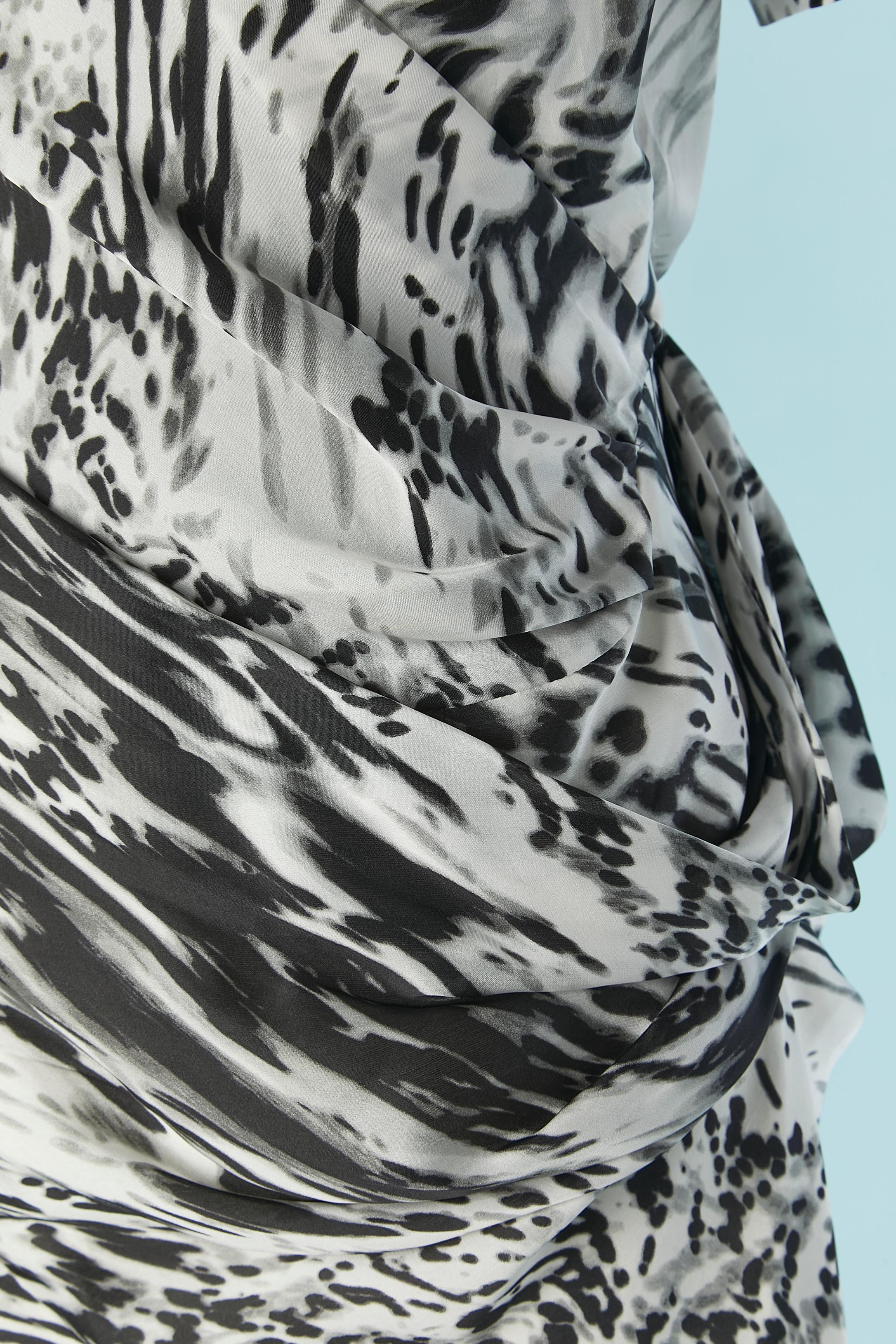 Gray Silk draped dress with black and white print BALENCIAGA For Sale