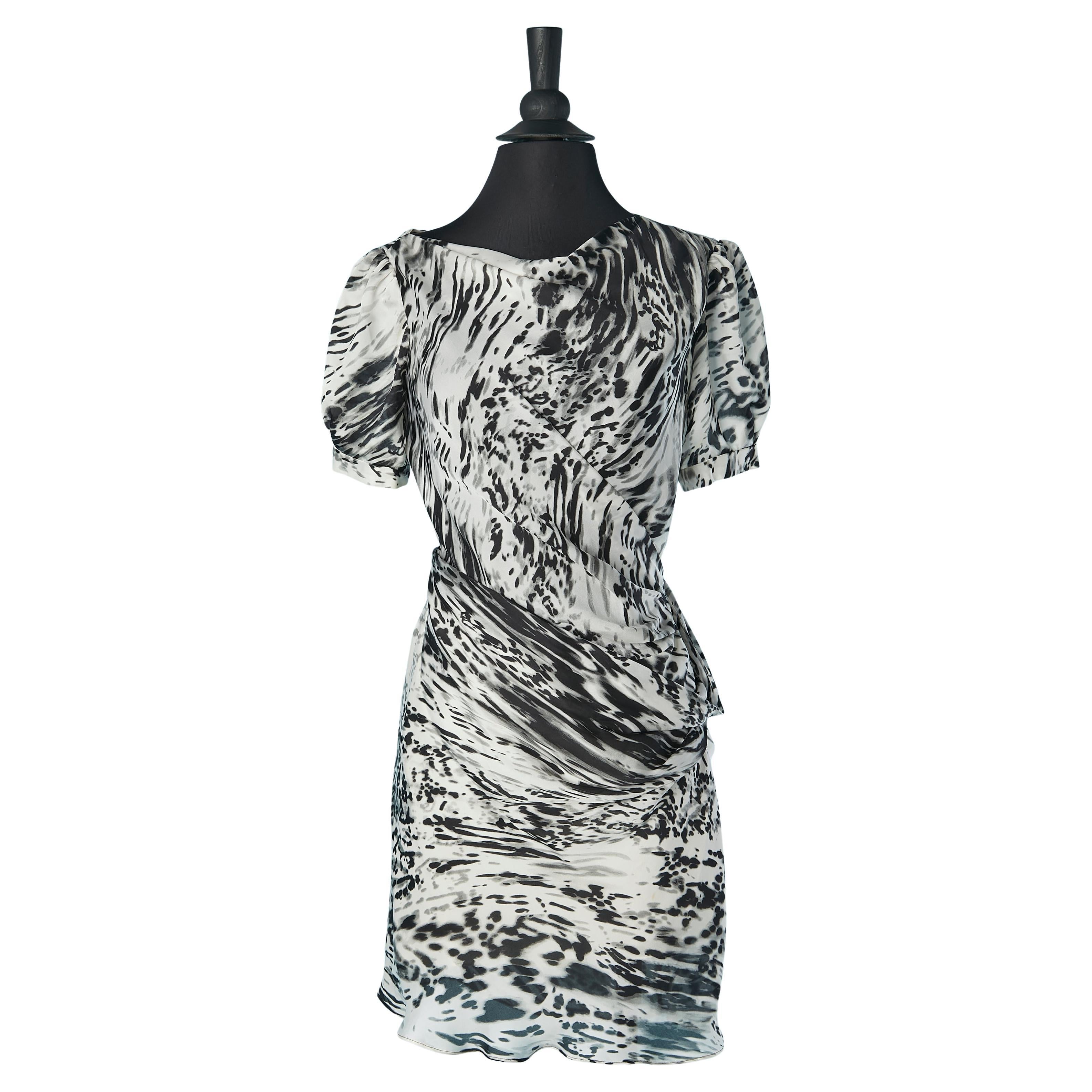 Silk draped dress with black and white print BALENCIAGA For Sale