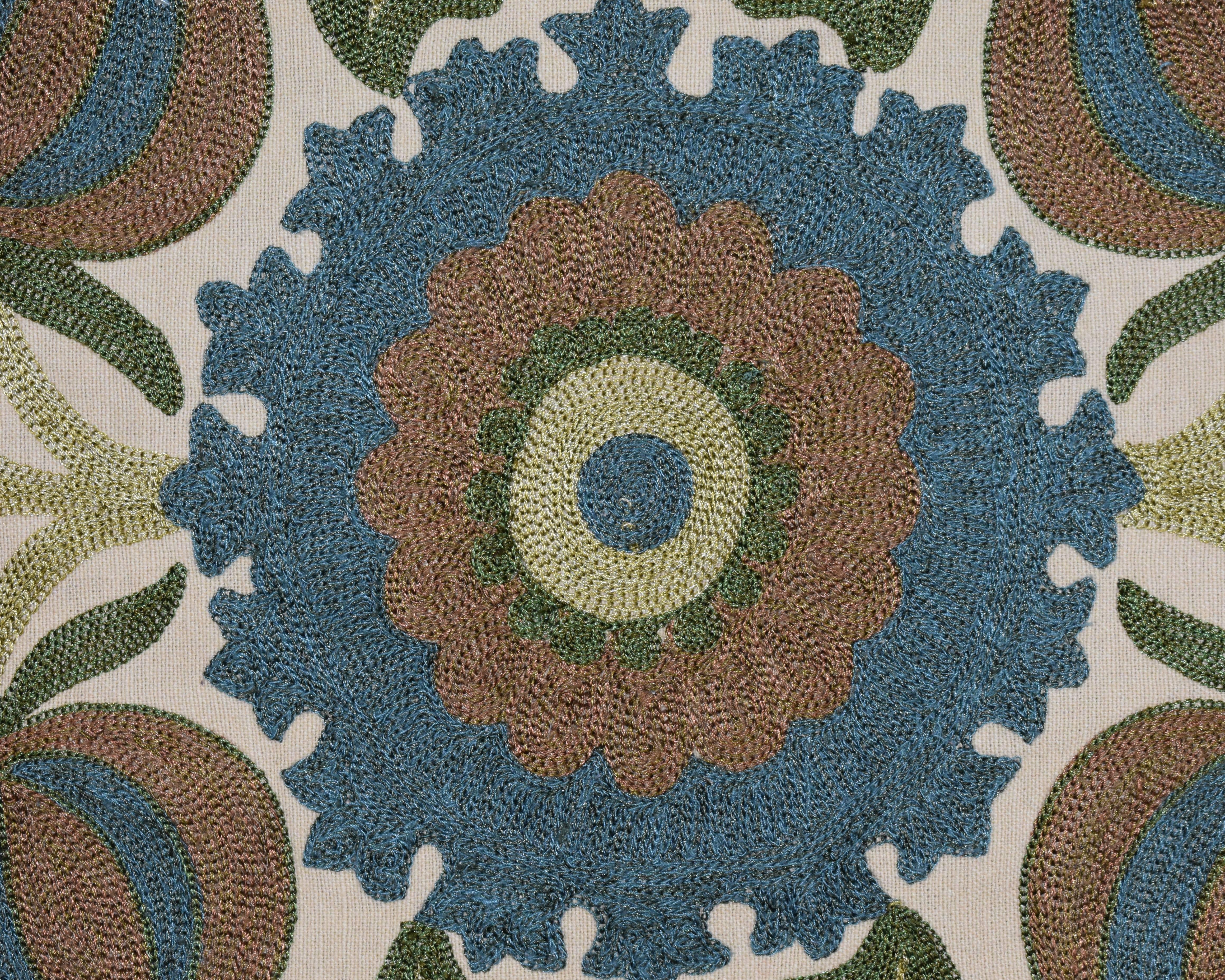 Pretty silk thread embroidered Central Asian Panel, sea green and blue stylised pomegranies and flowers embroidered on a light mocha coloured, cotton base

This piece will come into its element once framed, the edges being unhemmed as it must have