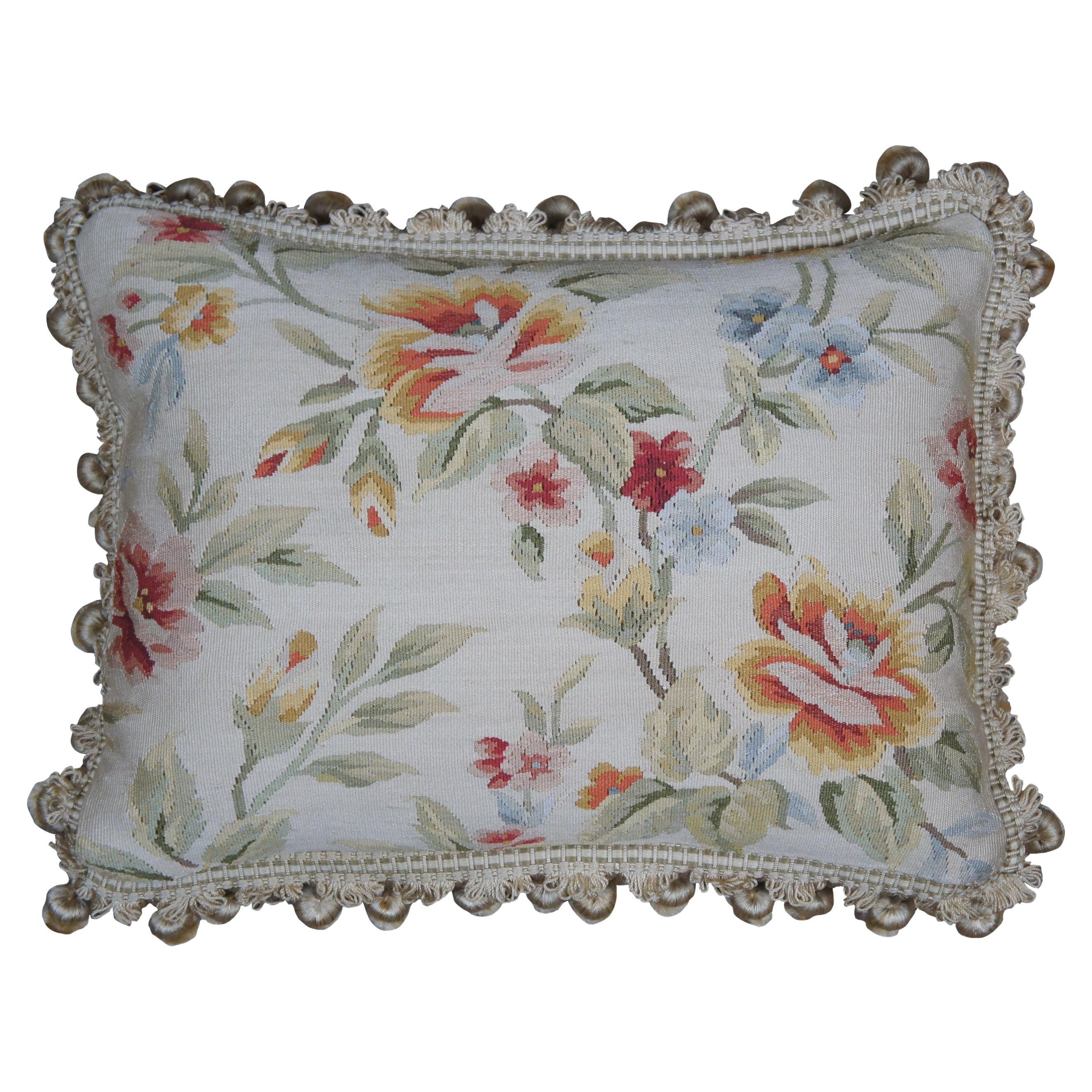 Silk Embroidered Down Filled Floral Lumbar Throw Pillow Cushion w Tassels 16"