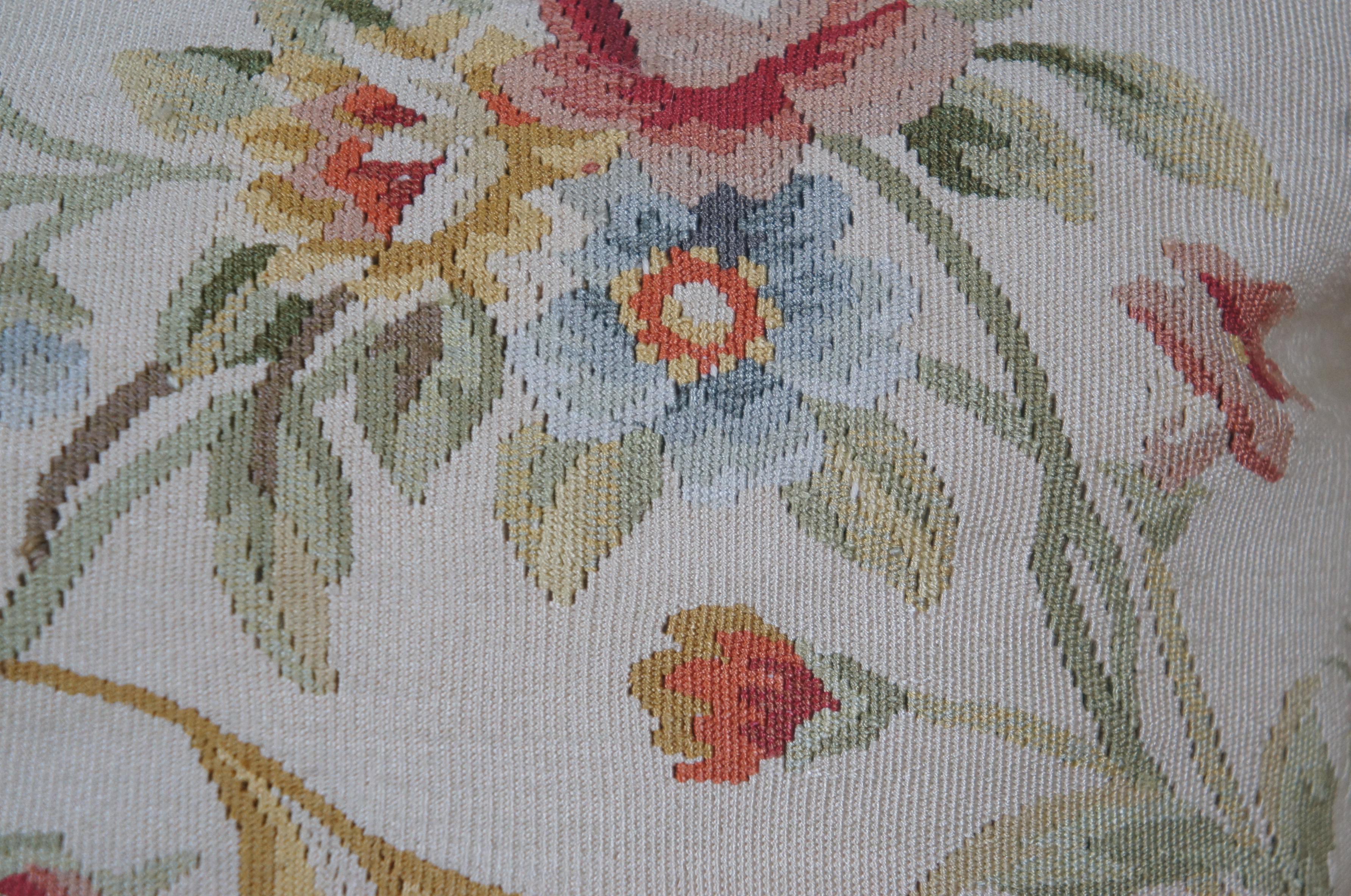 Silk Embroidered Down Filled Floral Lumbar Throw Pillow Cushion w Tassels 20