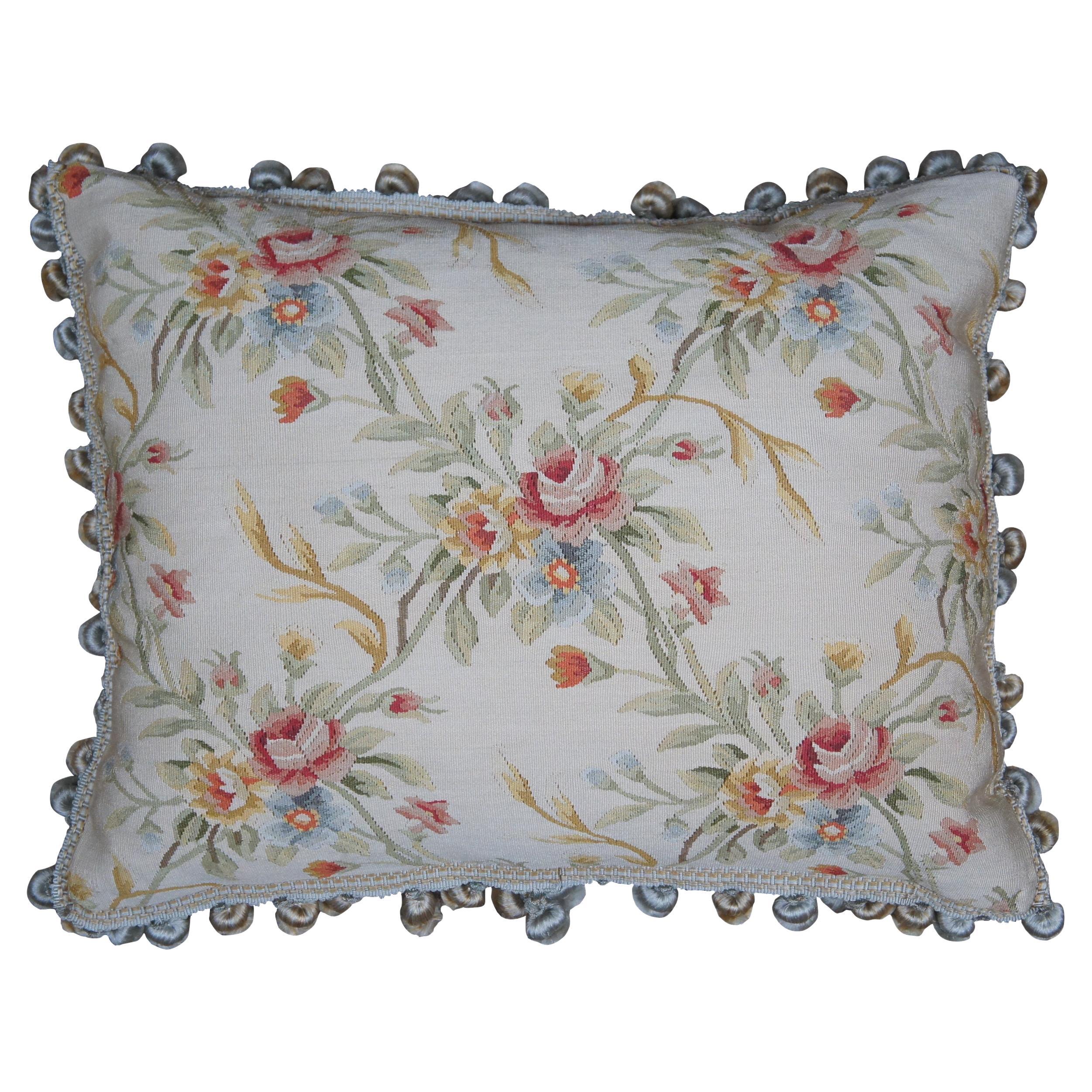 Silk Embroidered Down Filled Floral Lumbar Throw Pillow Cushion w Tassels 20"