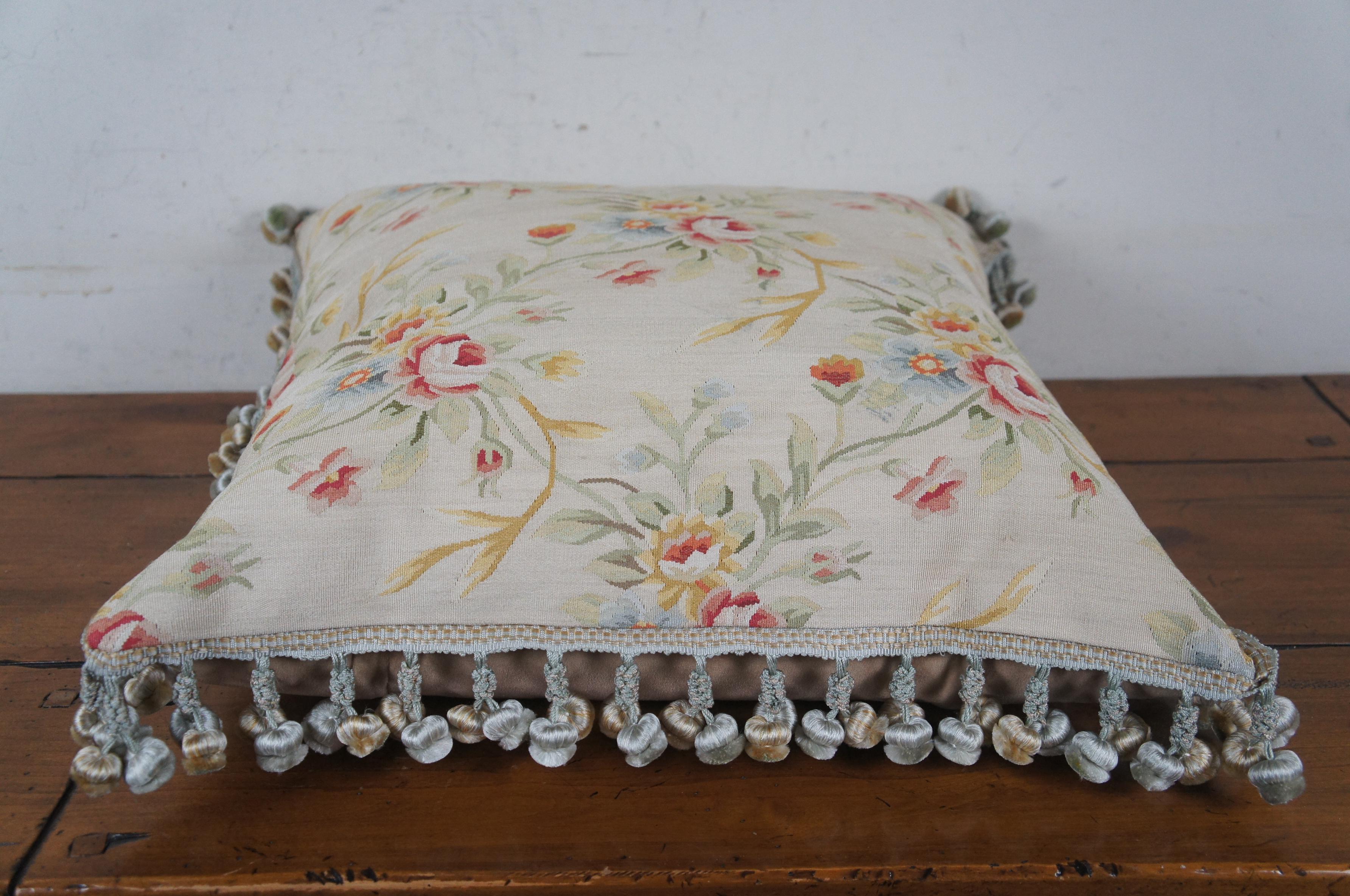 Silk Embroidered Down Filled Floral Lumbar Throw Pillow Cushion w Tassels 22