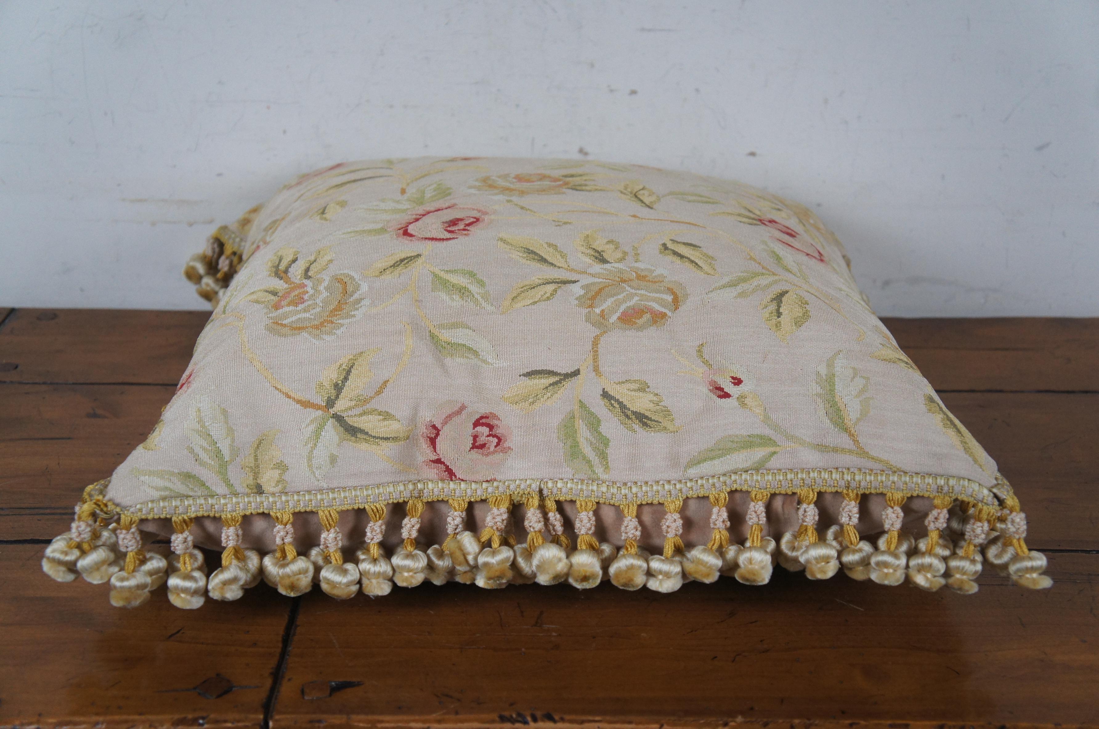 Silk Embroidered Floral Rose Down Filled Lumbar Throw Pillow w Tassels 22