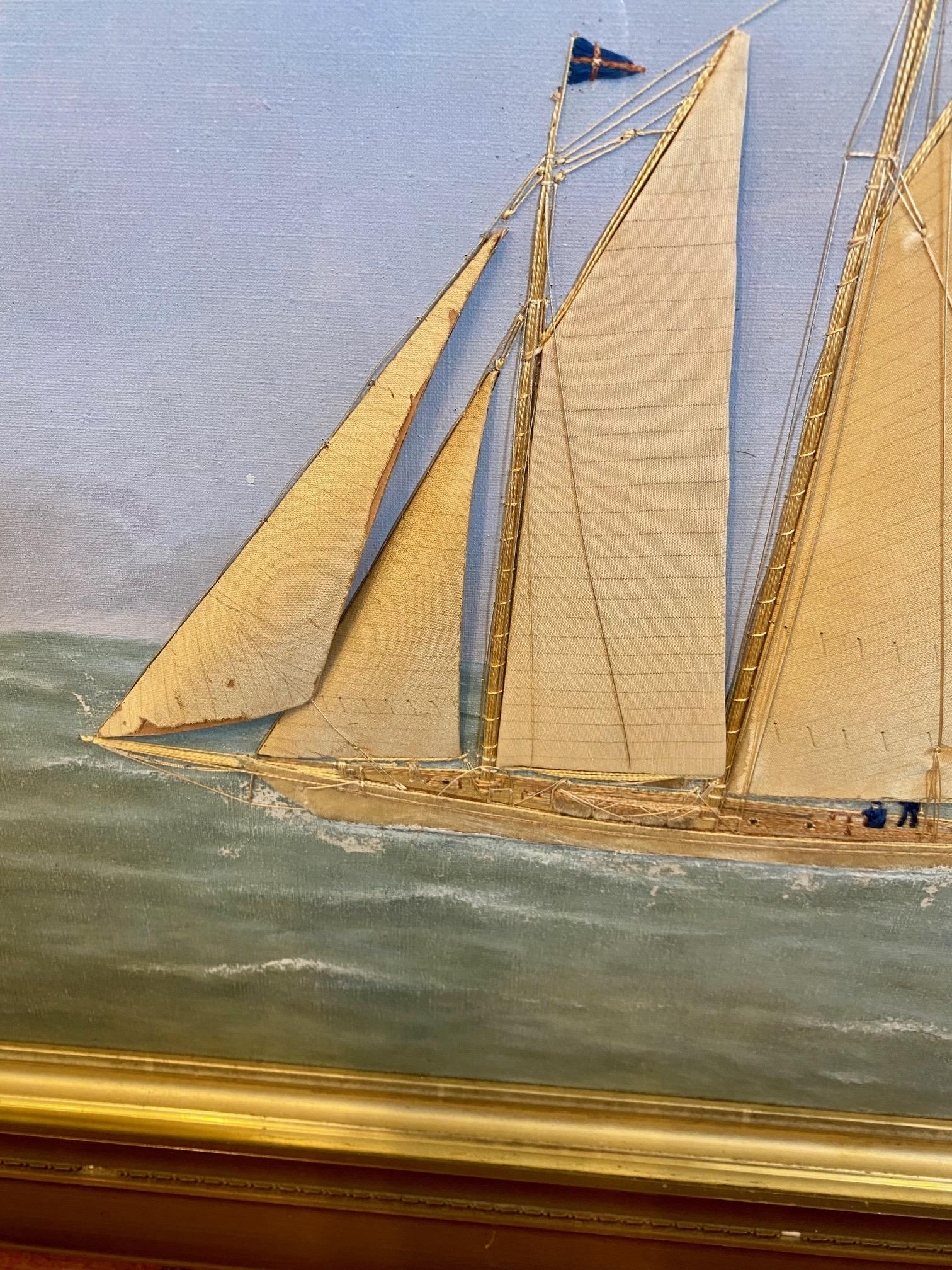 Late Victorian Silk Embroidered Hand Painted Seascape by Thomas Willis, circa 1890 For Sale