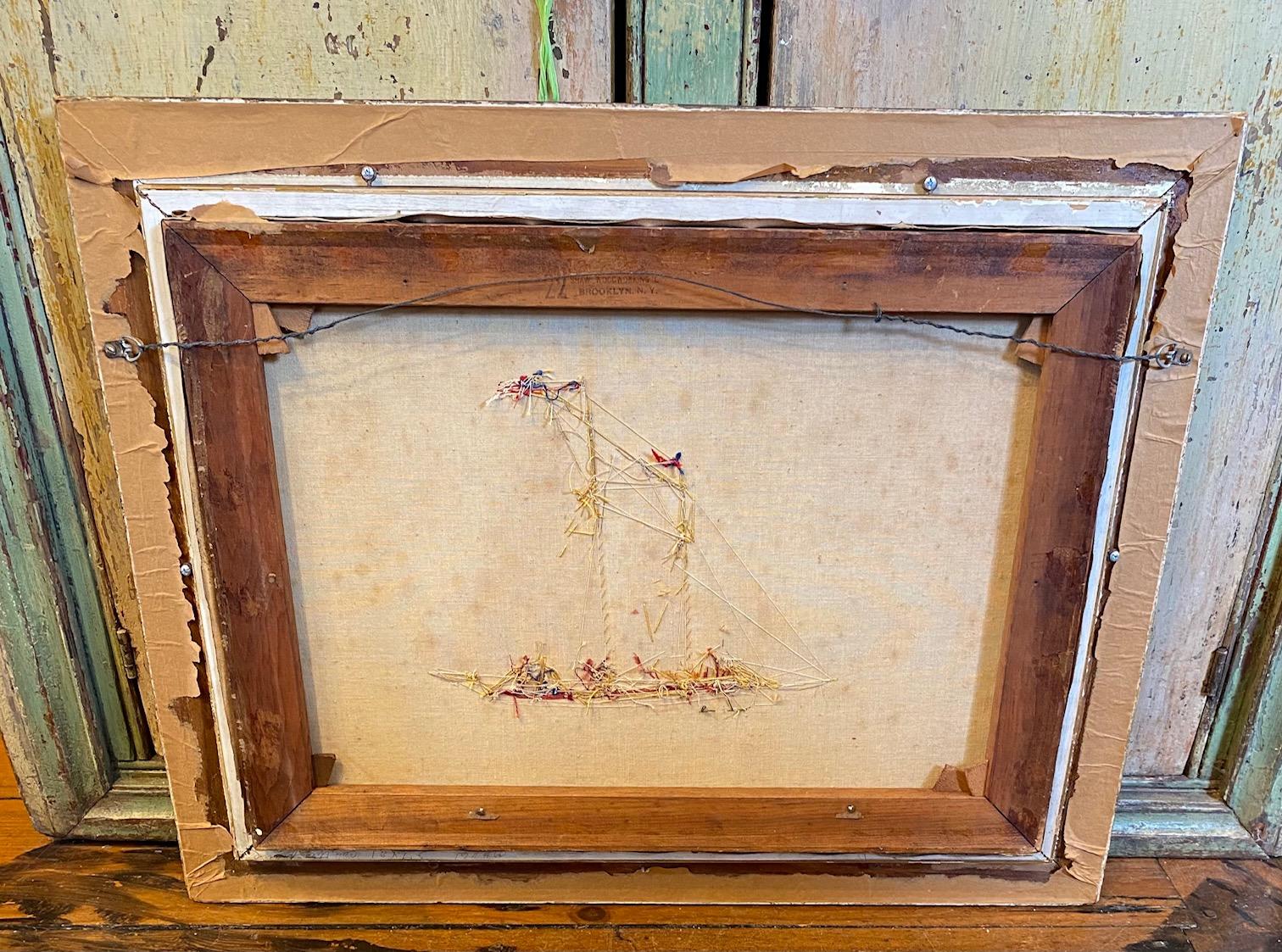 Canvas Silk Embroidered Hand Painted Seascape by Thomas Willis, circa 1890 For Sale