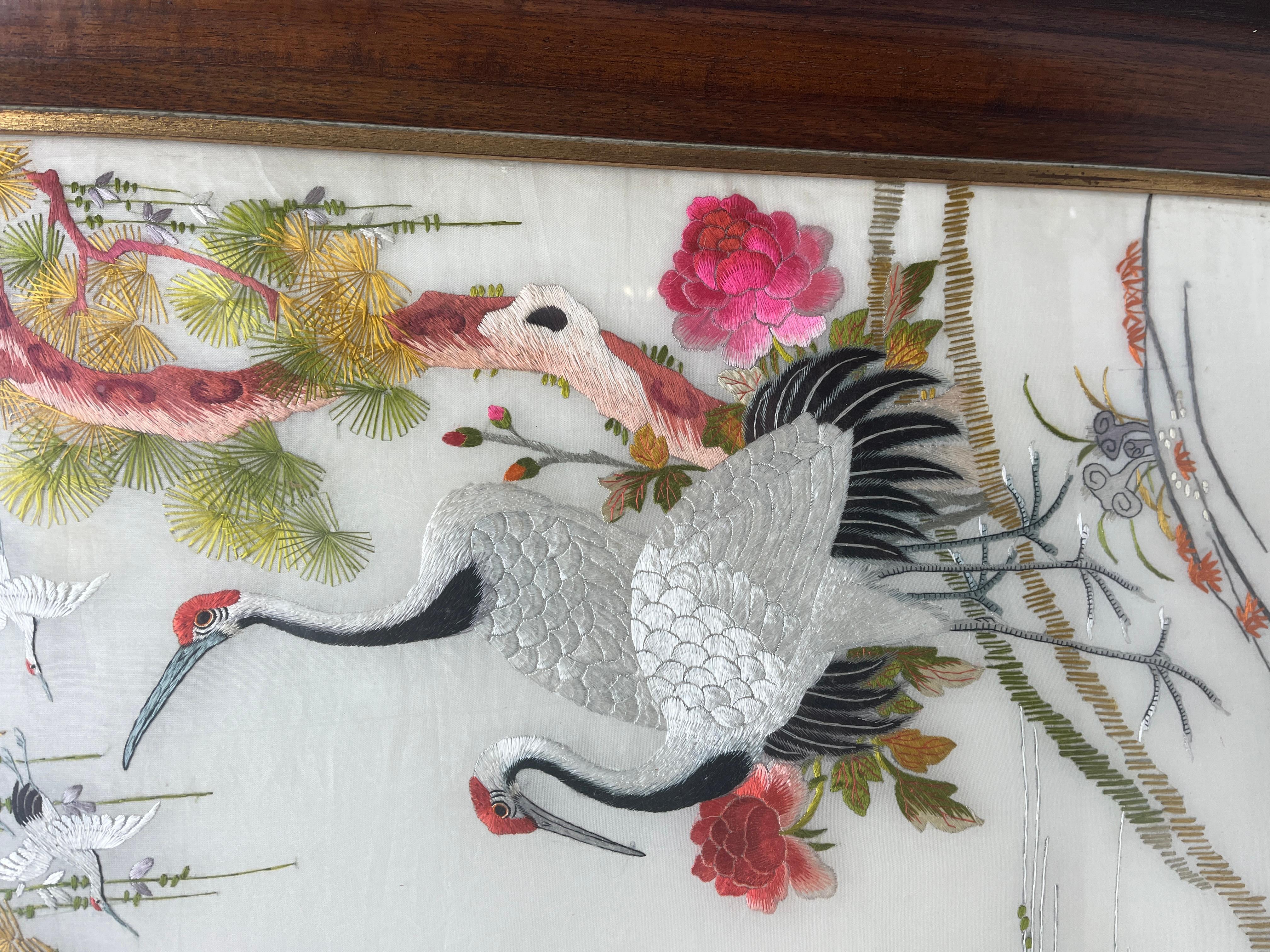 Chinese Silk Embroidered Pictures Depicts a Pair of Crane Birds in an Outdoor Setting For Sale