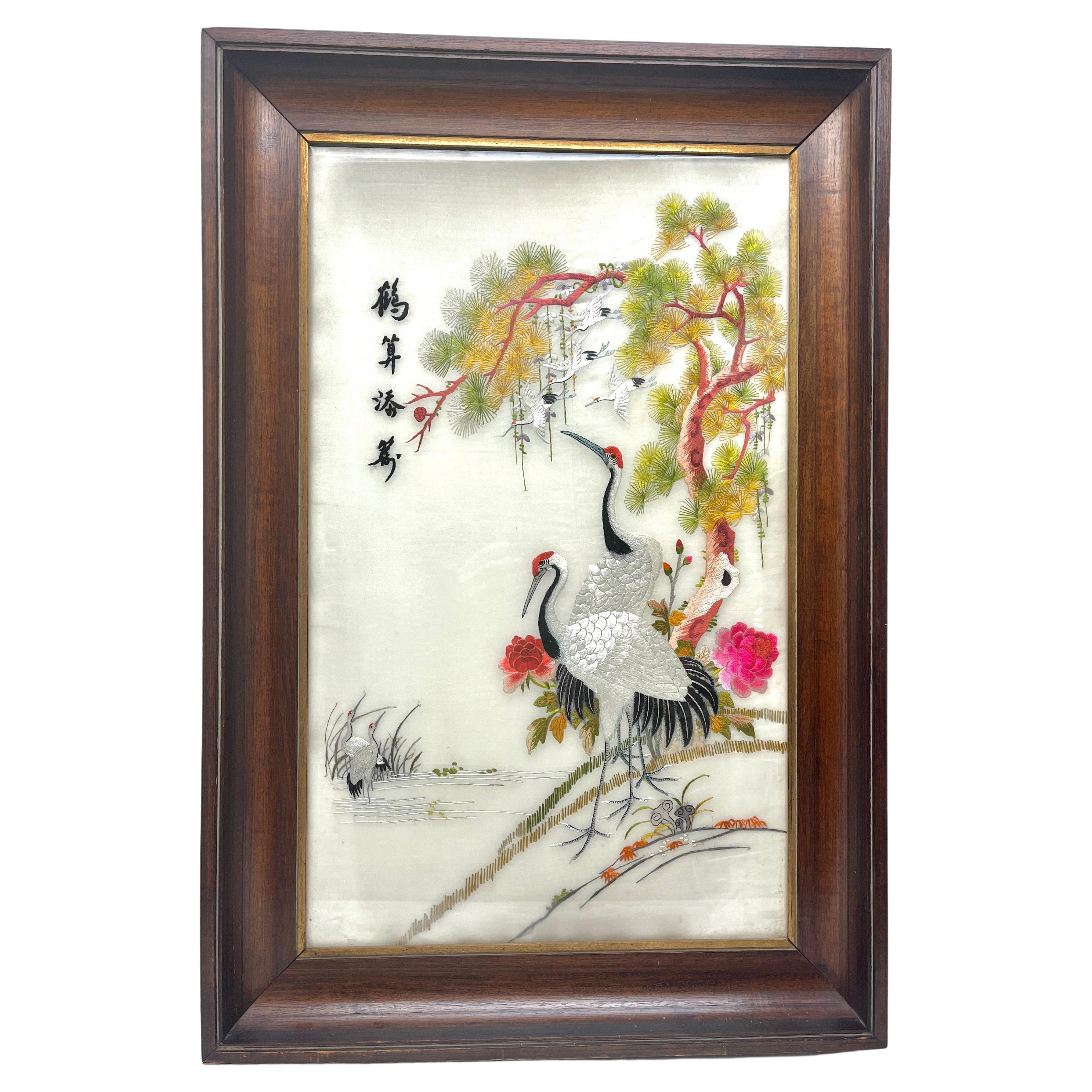 Silk Embroidered Pictures Depicts a Pair of Crane Birds in an Outdoor Setting For Sale