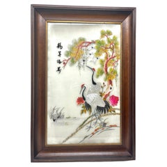 Antique Silk Embroidered Pictures Depicts a Pair of Crane Birds in an Outdoor Setting