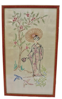 Silk Embroidered Pictures Depicts a Young Lady in an Outdoor Setting