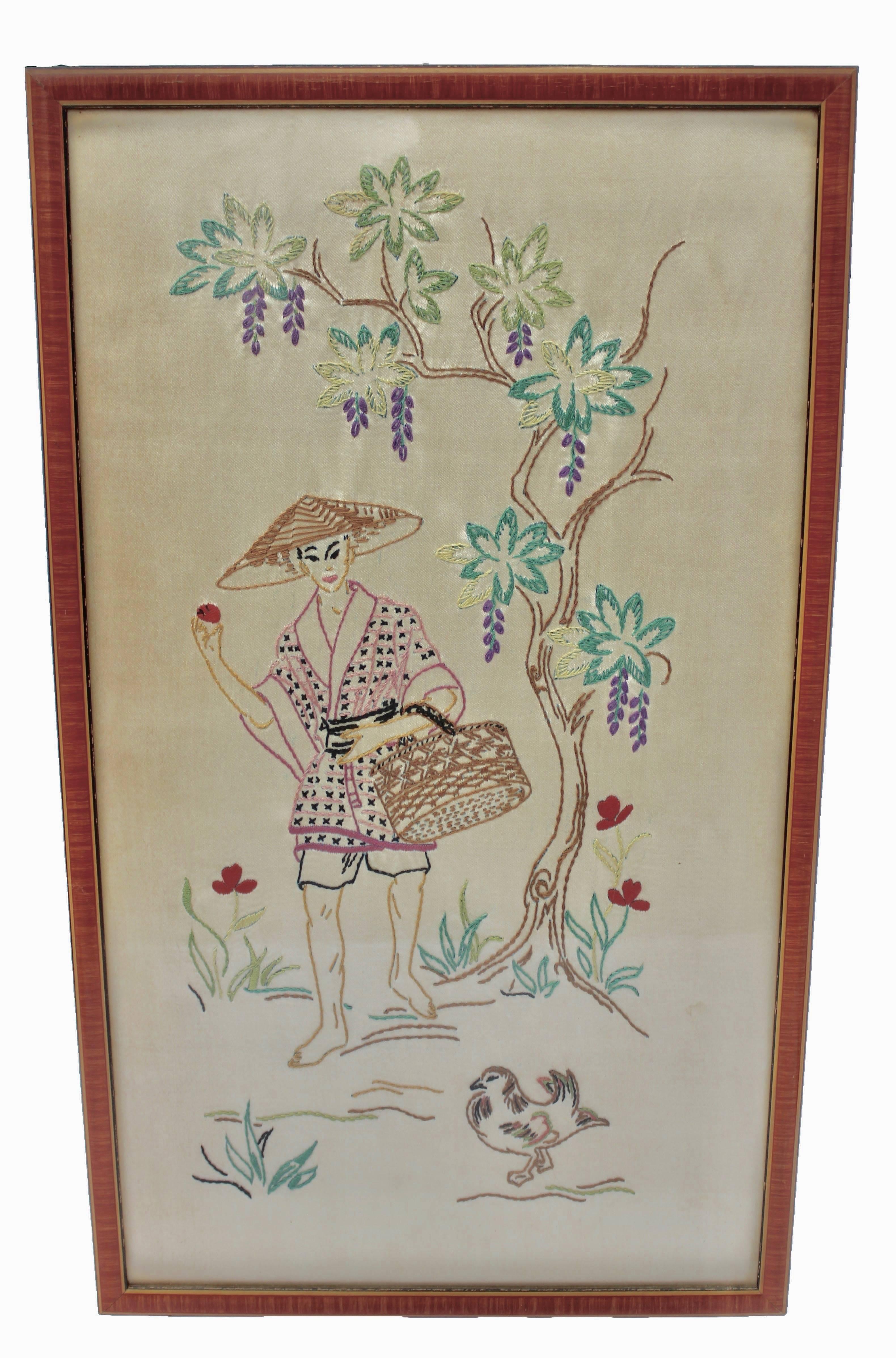 Art Nouveau Silk Embroidered Pictures Depicts a Young Lady in an Outdoor Setting
