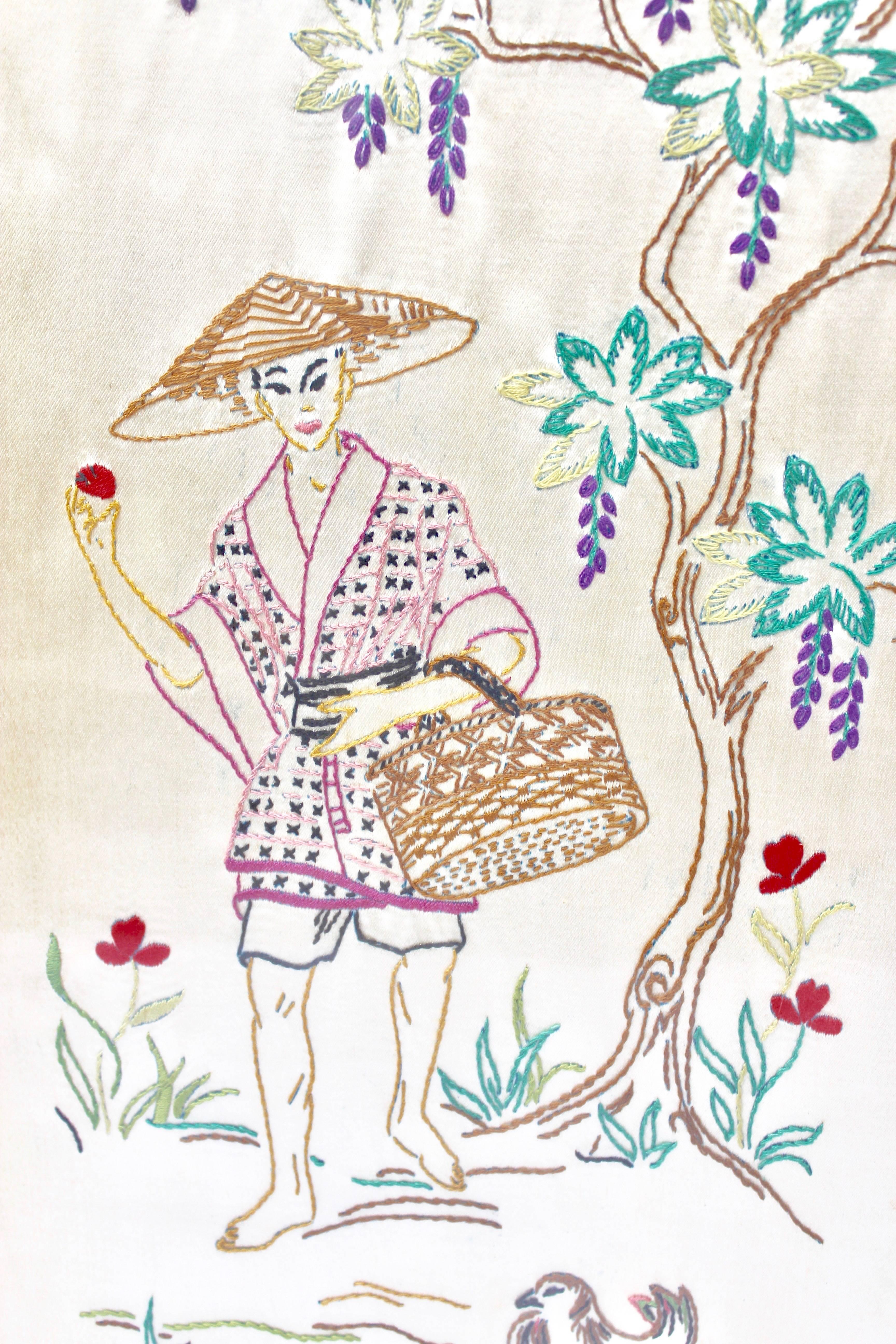 Chinese Silk Embroidered Pictures Depicts a Young Lady in an Outdoor Setting