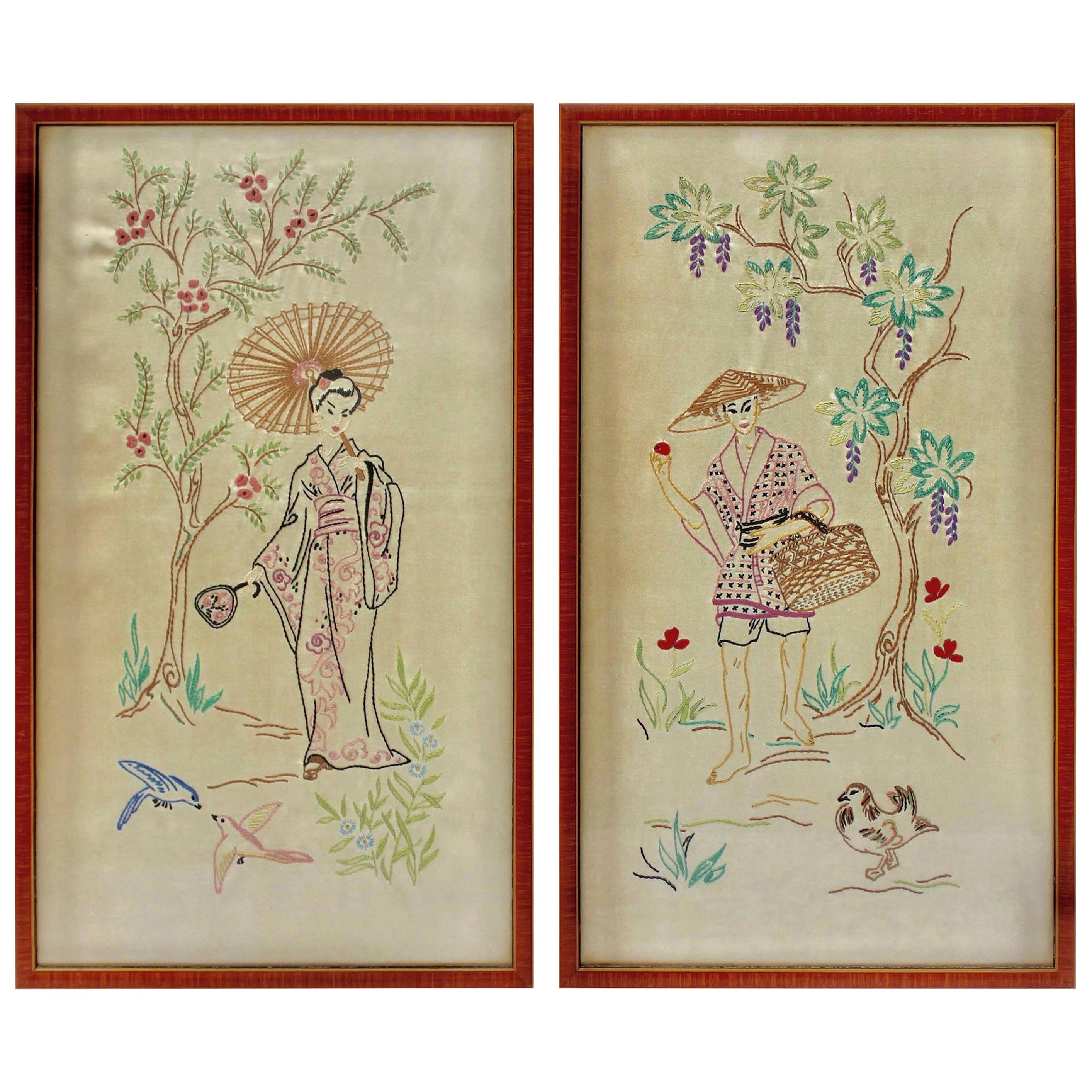 Silk Embroidered Pictures Depicts a Young Lady in an Outdoor Setting