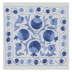 Silk Embroidered Suzani Fabric Uzbek Lace Pillow in Light Blue 
Cream