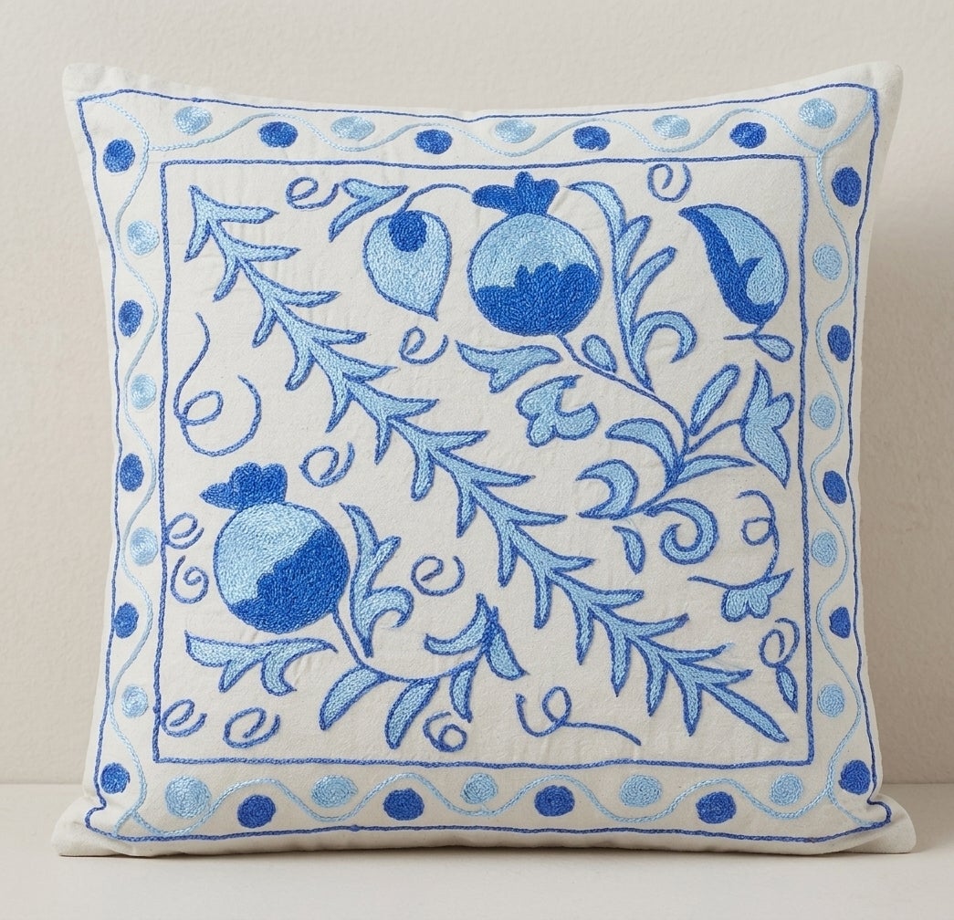Silk Embroidered Throw Pillow Cover. Toss Pillow. 18"x18". Blue Cushion Cover For Sale