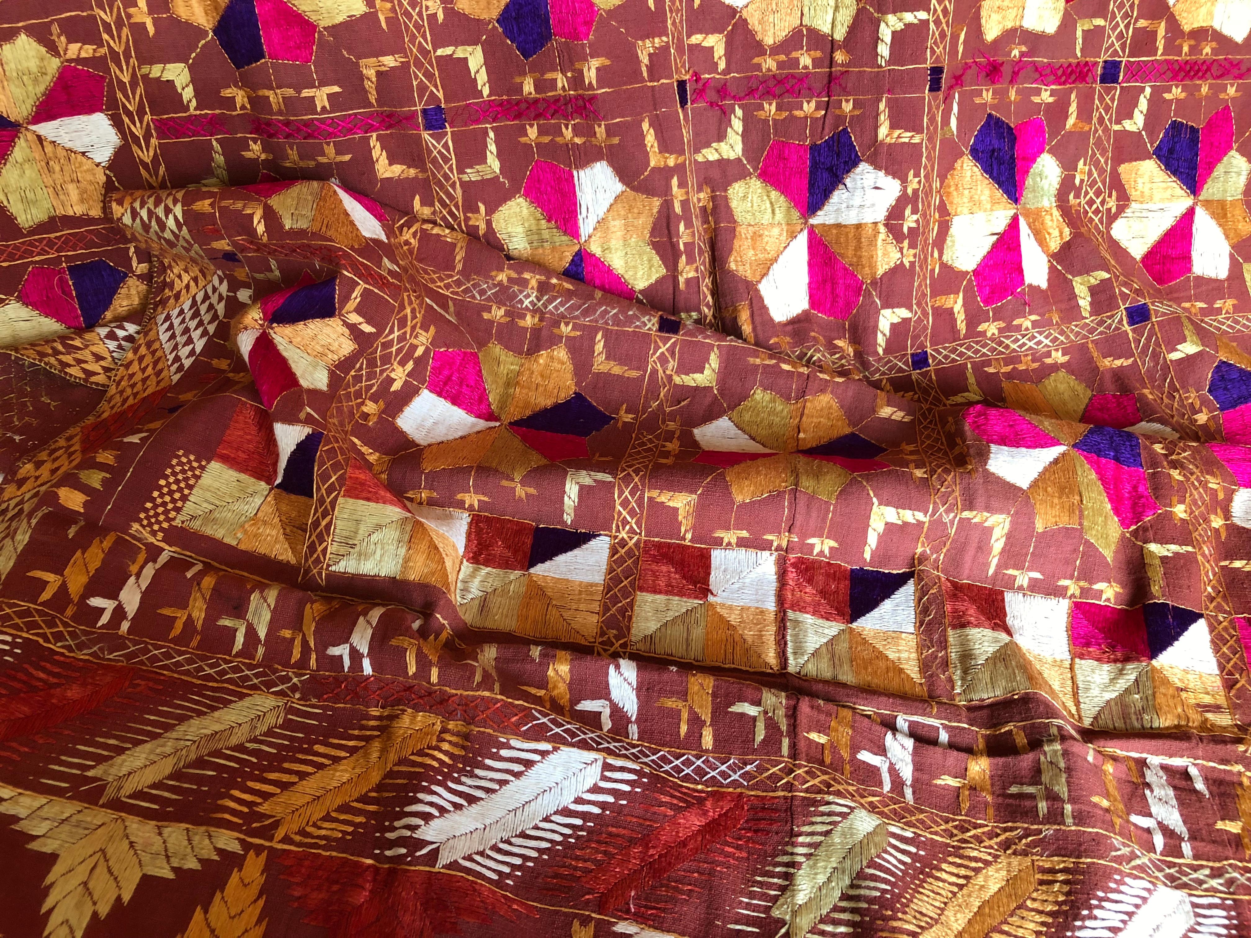 Tribal Silk Embroidered Vintage Phulkari Wedding Shawl, Punjab, India For Sale