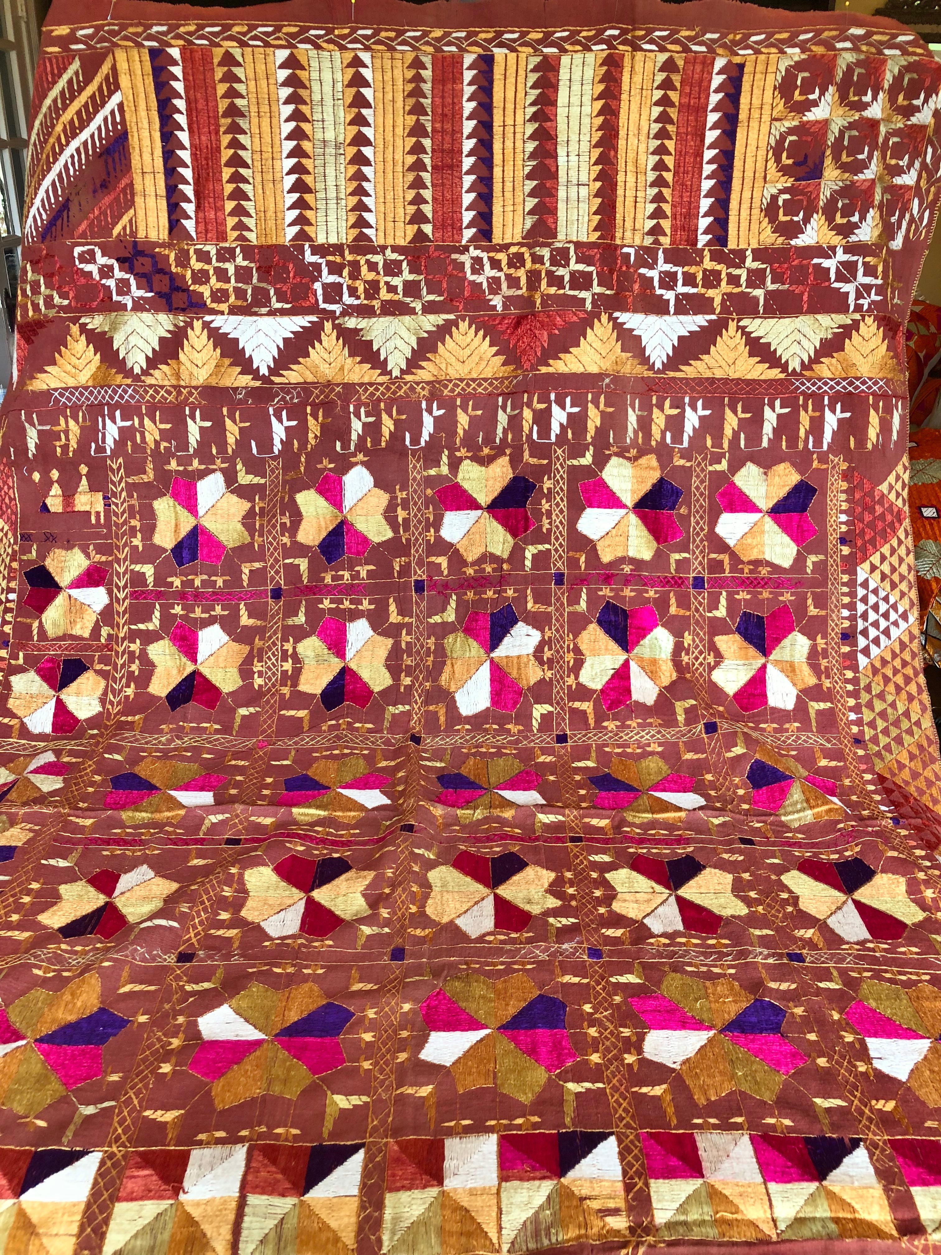 Indian Silk Embroidered Vintage Phulkari Wedding Shawl, Punjab, India For Sale