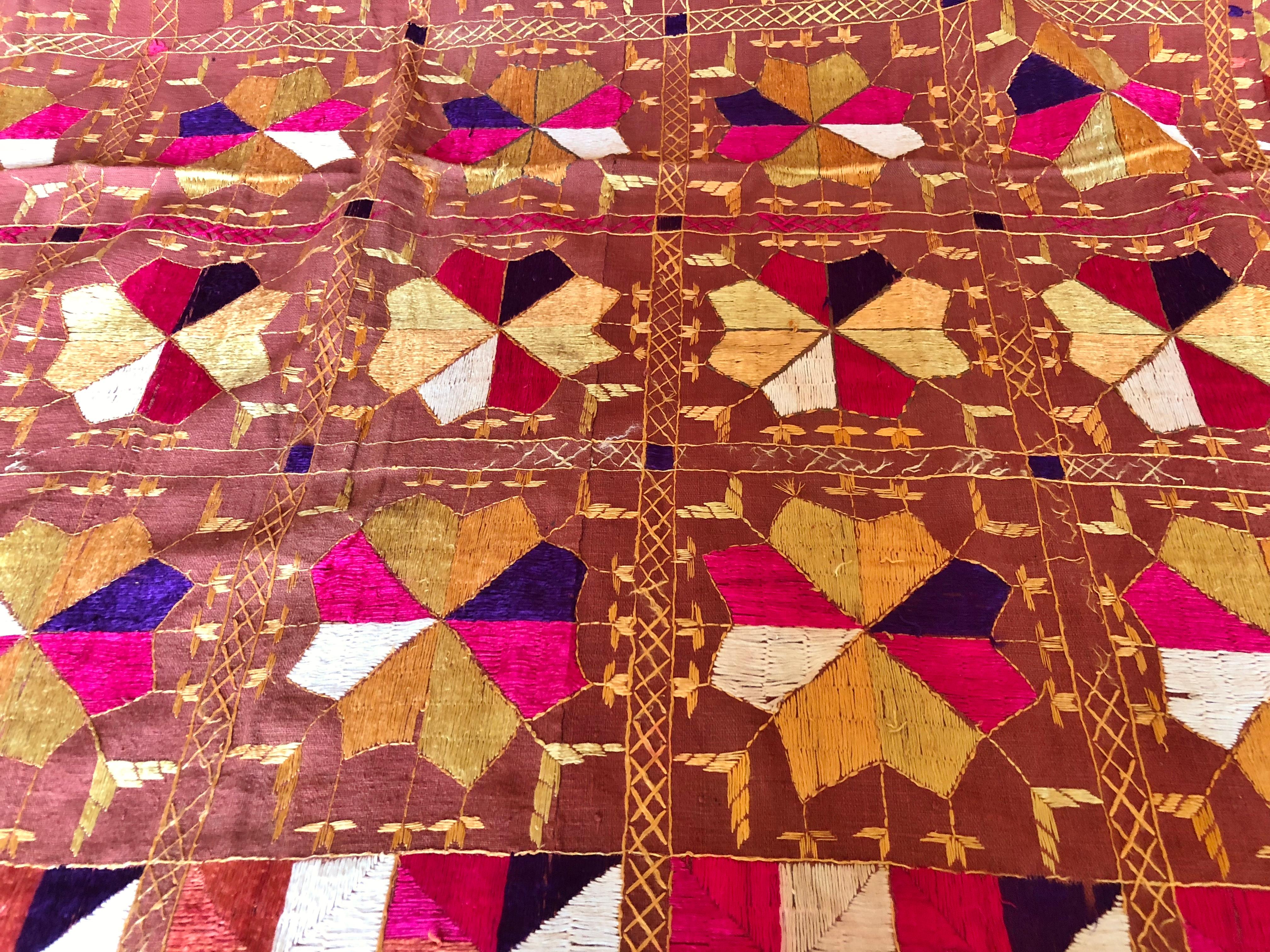 20th Century Silk Embroidered Vintage Phulkari Wedding Shawl, Punjab, India For Sale