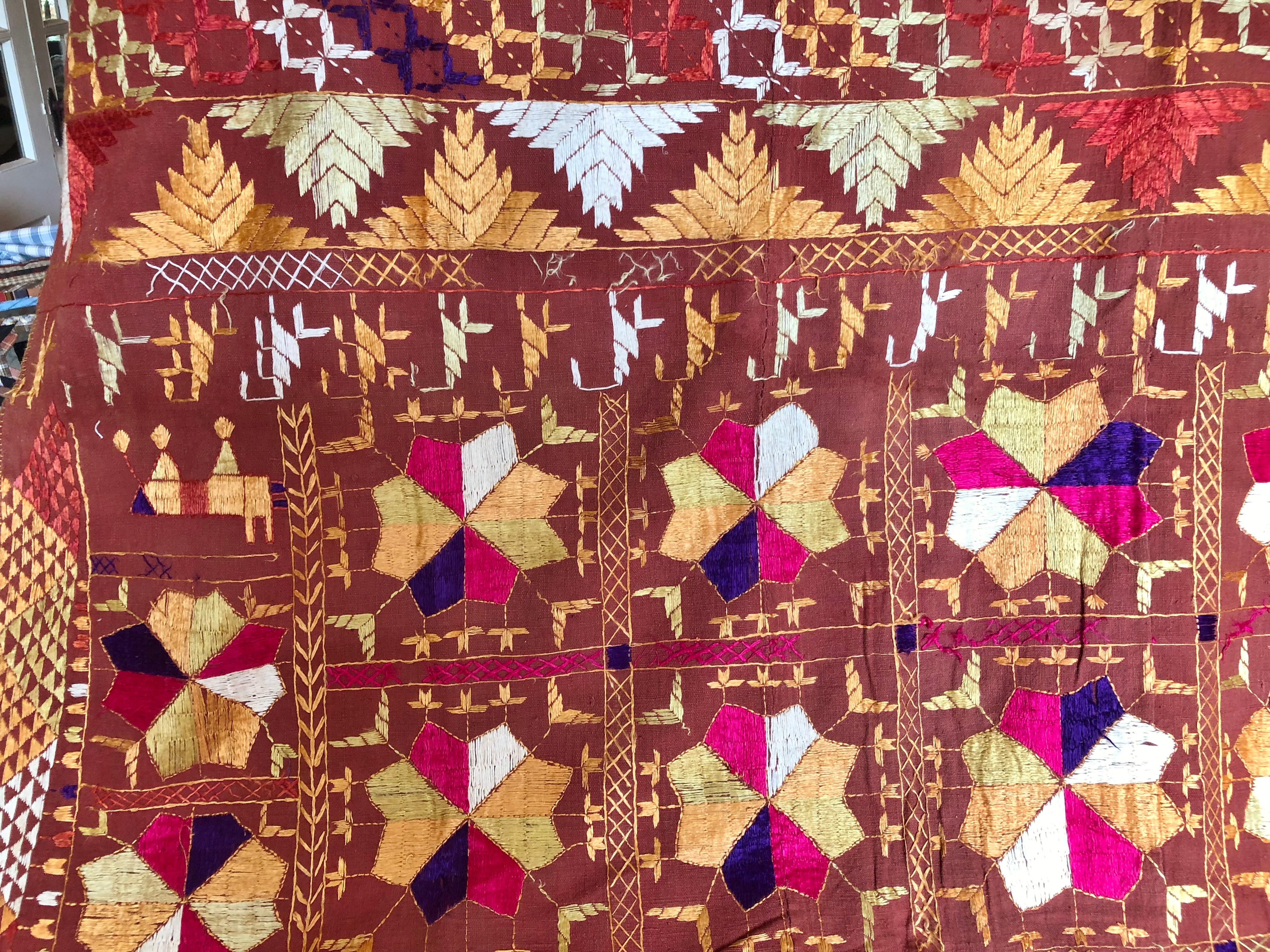 Cotton Silk Embroidered Vintage Phulkari Wedding Shawl, Punjab, India For Sale