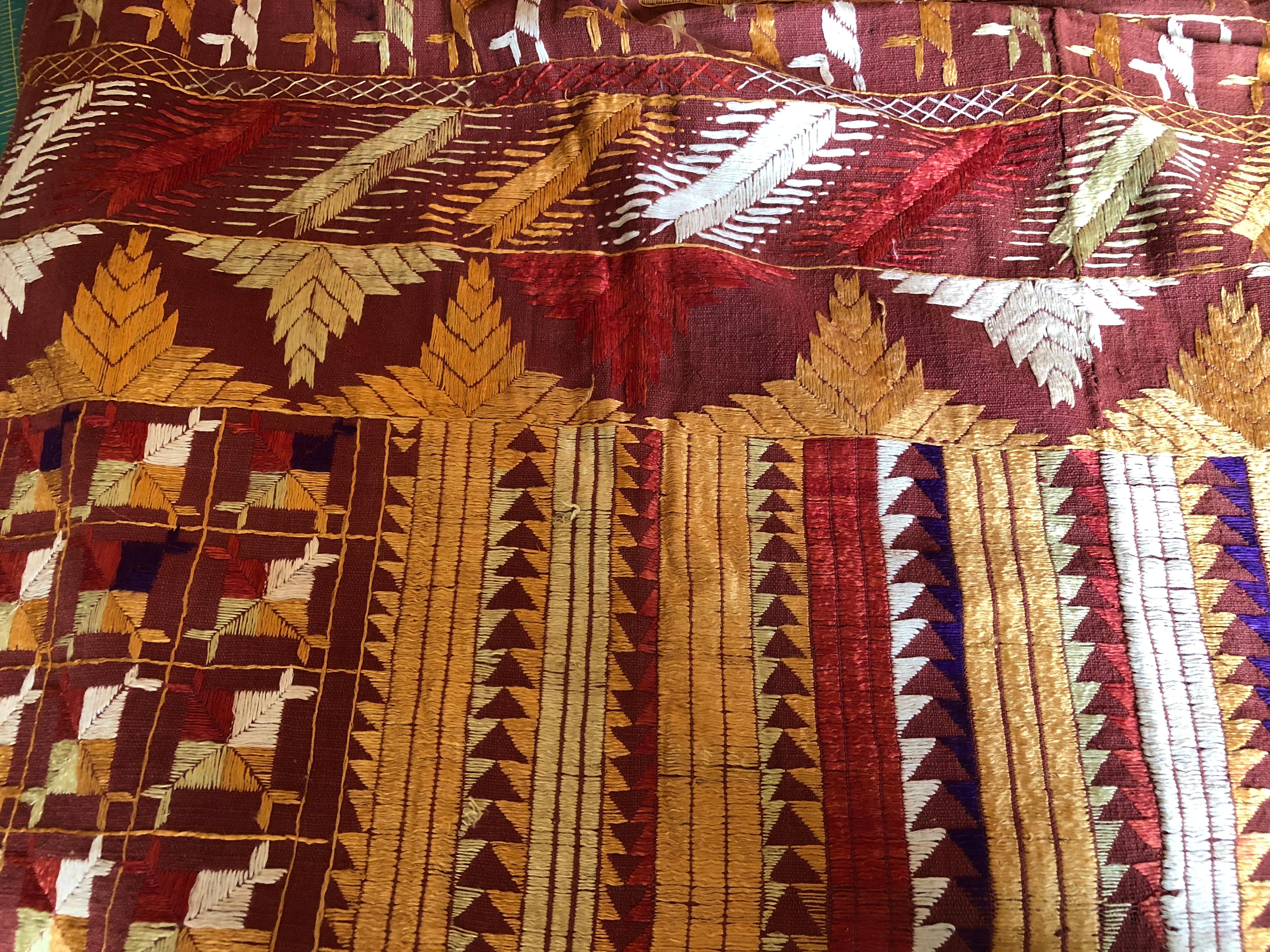 Silk Embroidered Vintage Phulkari Wedding Shawl, Punjab, India For Sale 1