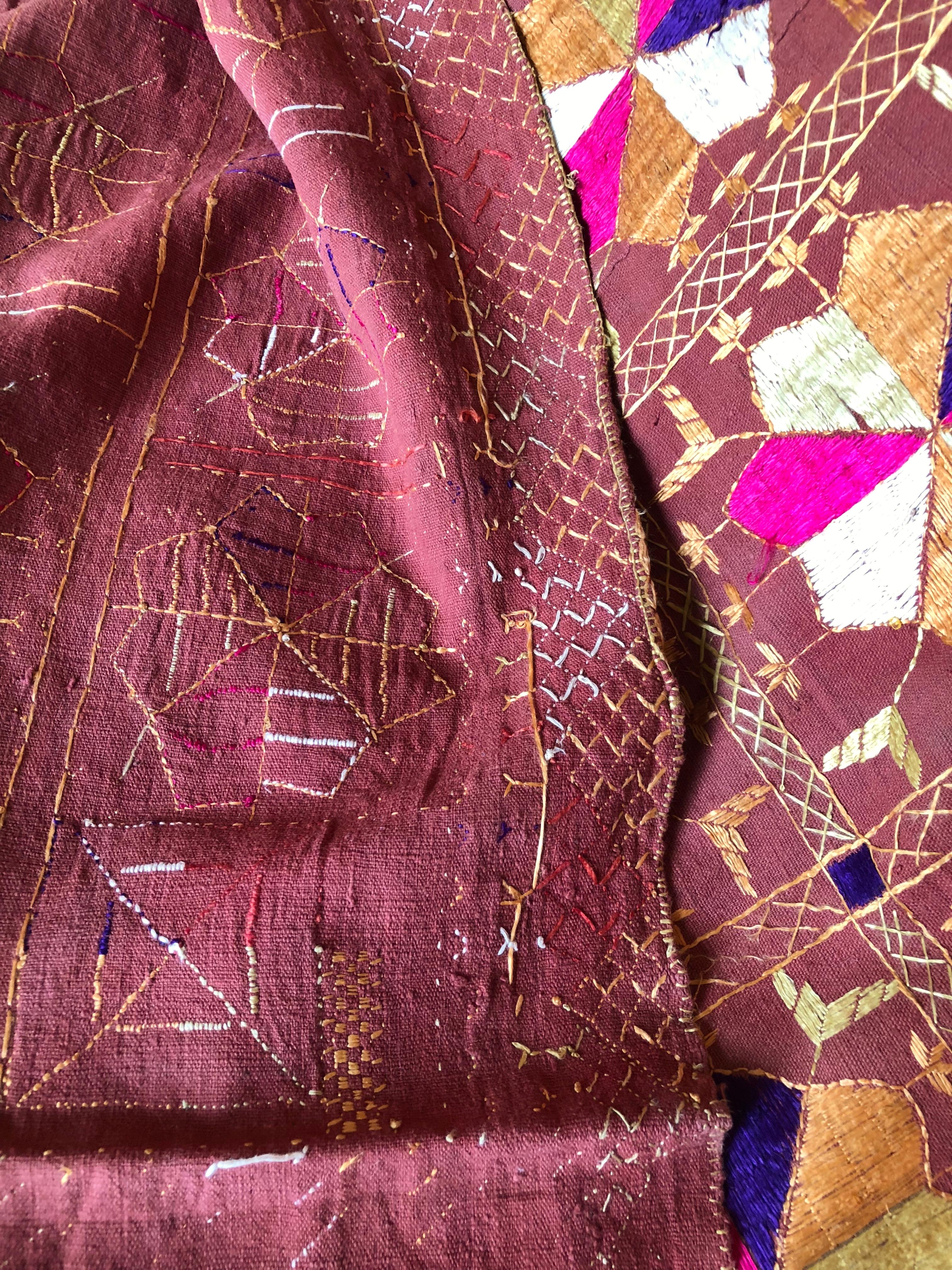 Silk Embroidered Vintage Phulkari Wedding Shawl, Punjab, India For Sale 2