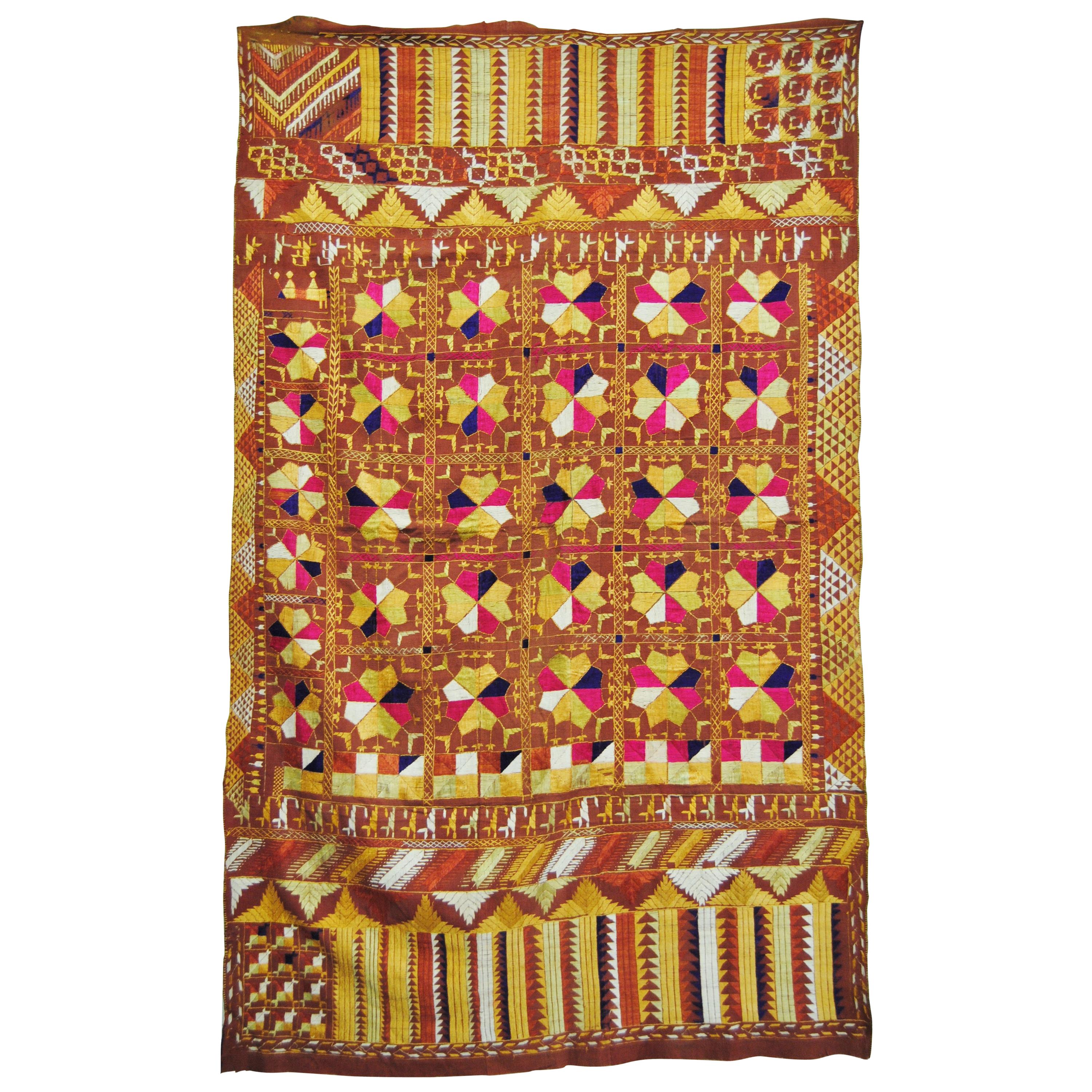 Silk Embroidered Vintage Phulkari Wedding Shawl, Punjab, India For Sale