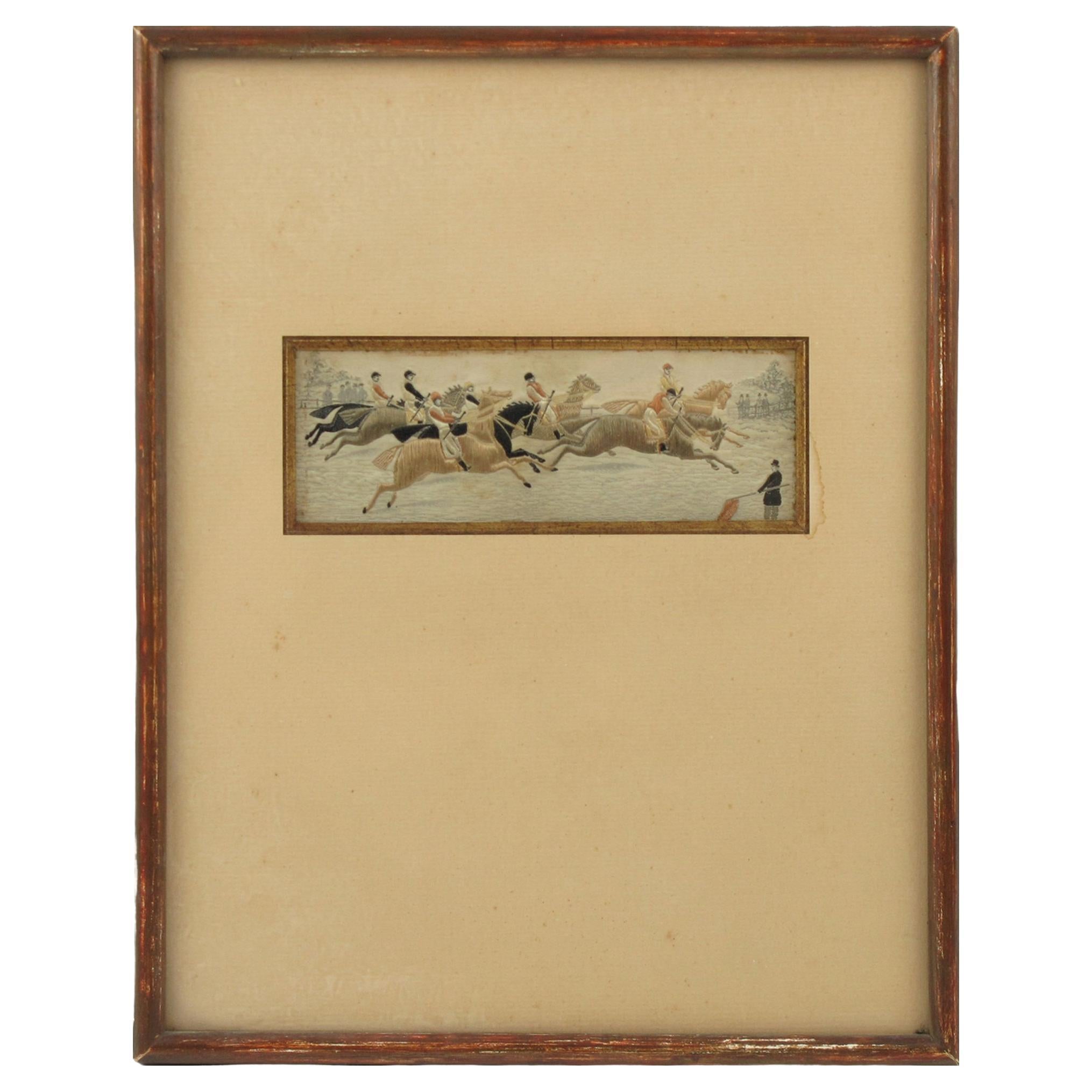 Napoleon III Silk Embroidery Art Work Horse Race, France 19th Century, Framed