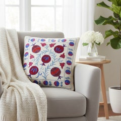 Coussin de coussin brodé en soie rouge bourgogne, bleu Oreiller en dentelle Suzani fait main