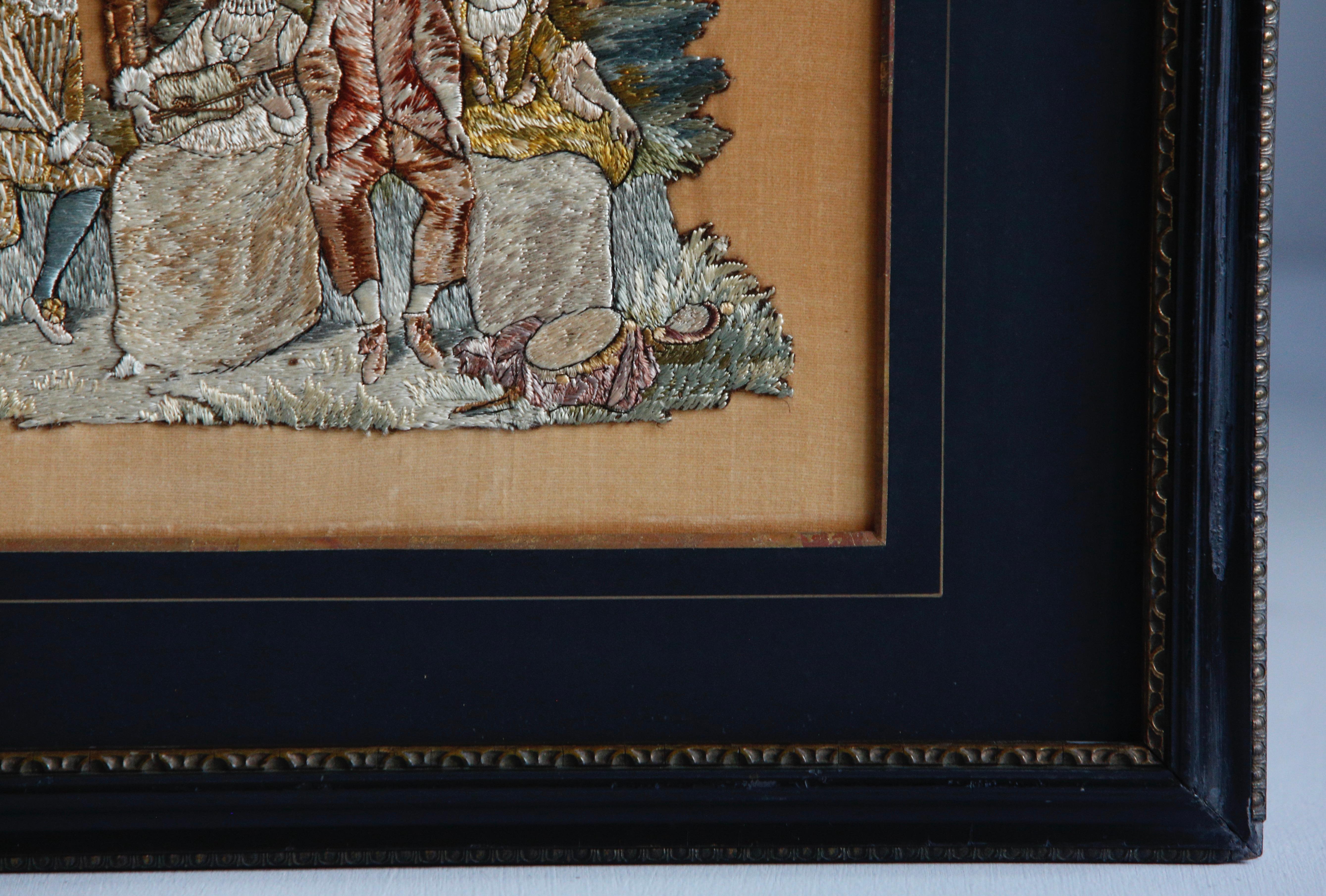 XIXe siècle Panneau d'image monté en broderie à l'aiguille sur soie 19e siècle en vente
