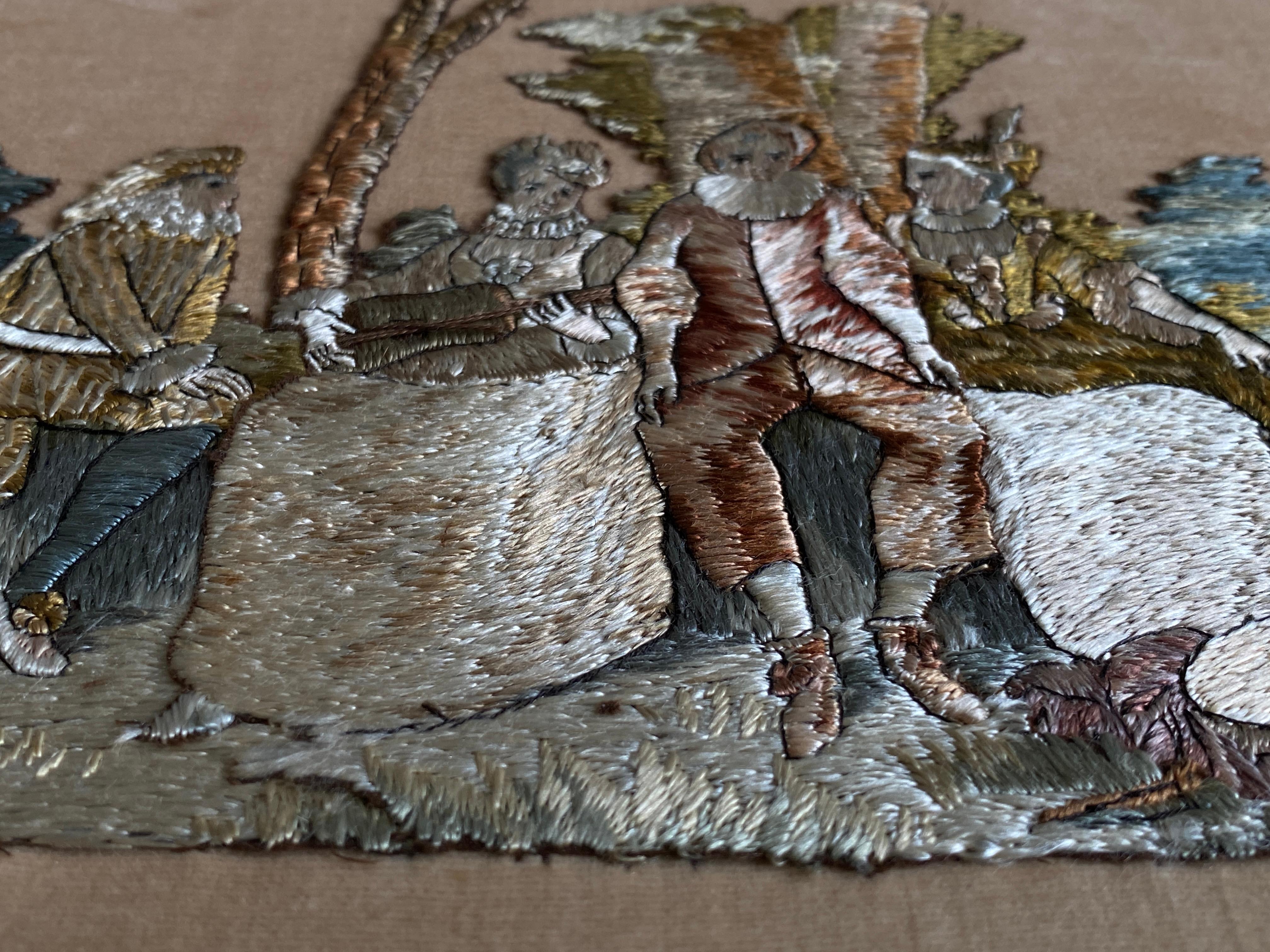 Panneau d'image monté en broderie à l'aiguille sur soie 19e siècle en vente 1