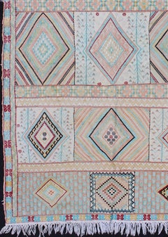 Silk Embroidery North African Flat Weave Vintage Rug with Diamond Pattern
