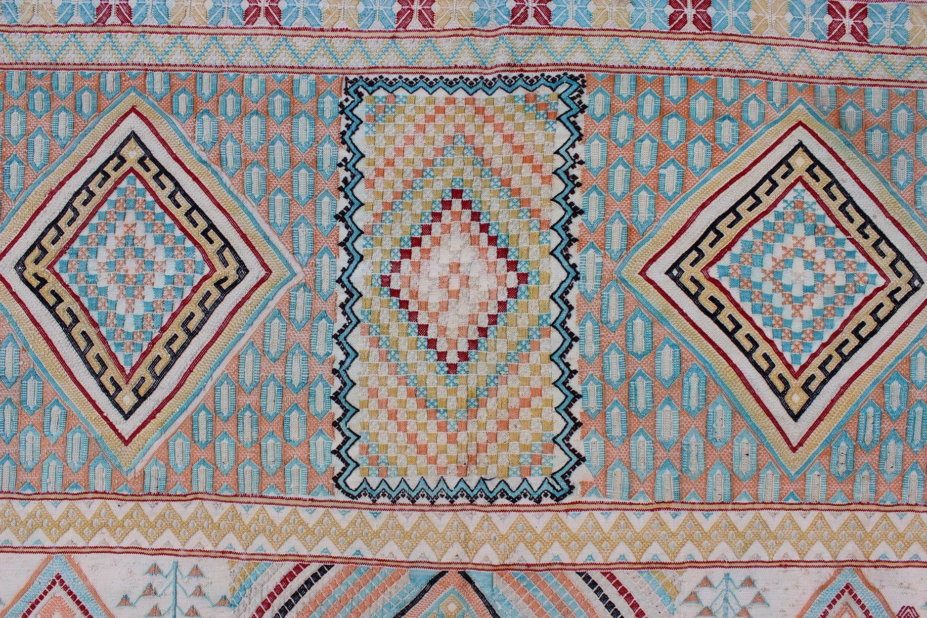 Silk Embroidery North African Flat Weave Vintage Rug with Diamond Pattern  In Good Condition For Sale In Atlanta, GA