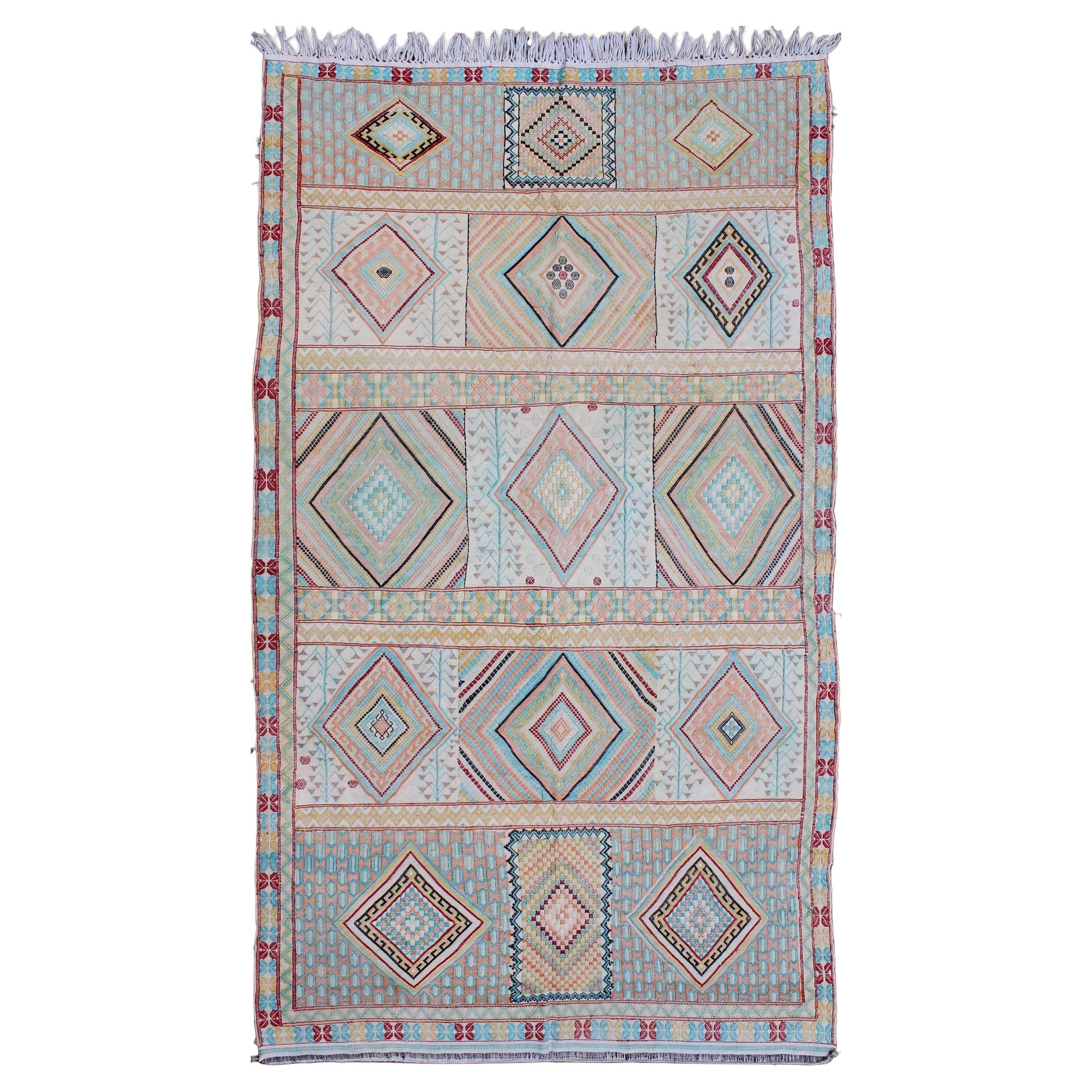 Silk Embroidery North African Flat Weave Vintage Rug with Diamond Pattern  For Sale