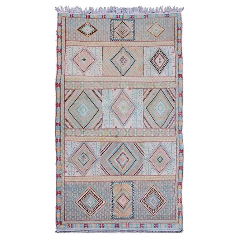 Silk Embroidery North African Flat Weave Vintage Rug with Diamond ...