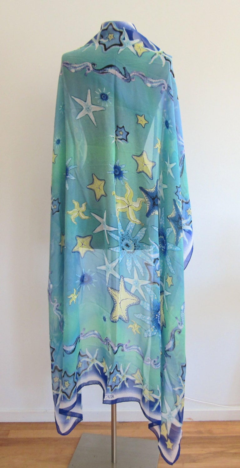 Silk Escada Ocean Beach Scarf Wrap, Beach cover Shawl 1980s 53 x 54 New