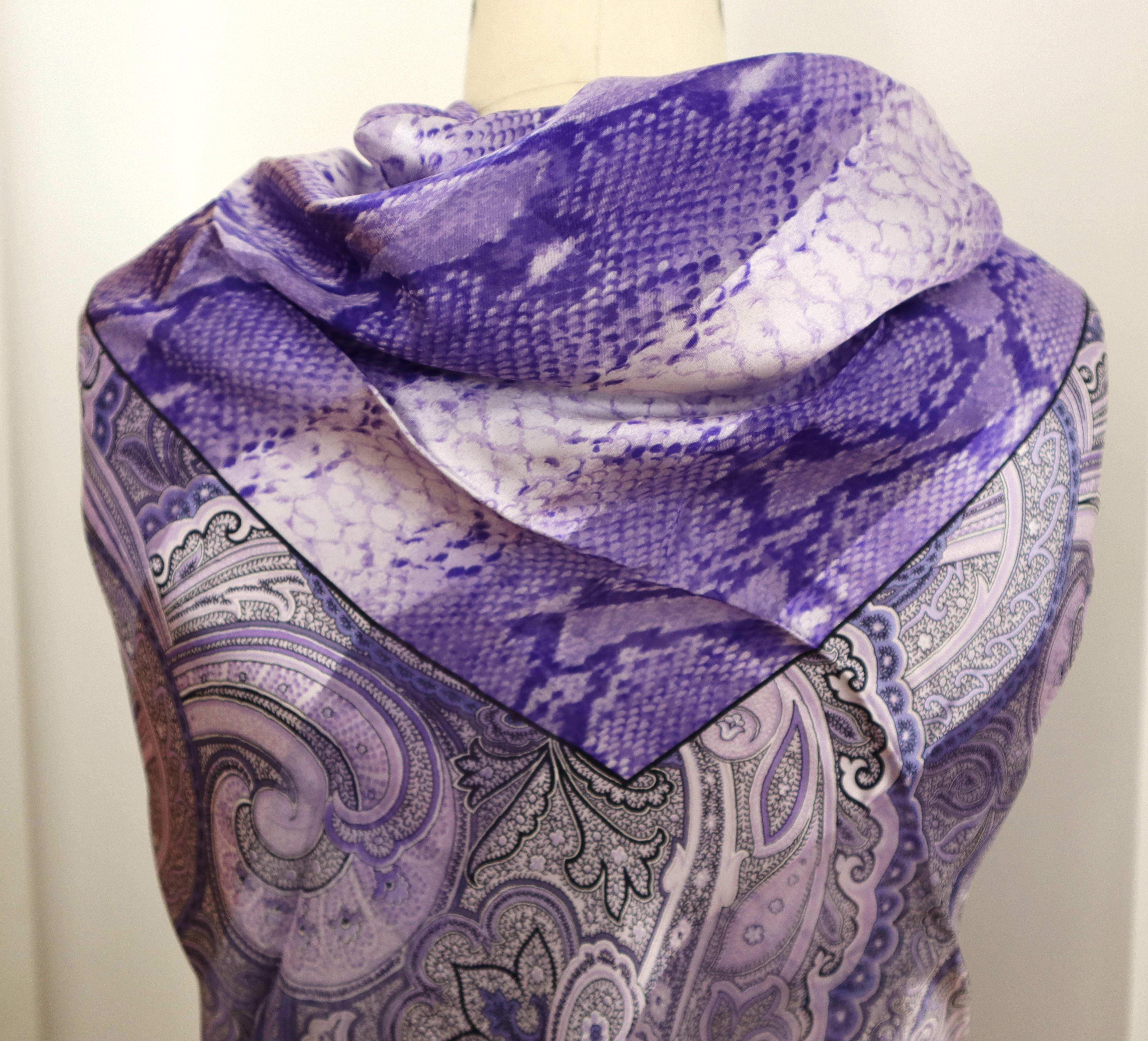 Silk Escada Scarf Purple - Paisley Snake Print New, Never worn -1990's   In New Condition For Sale In Wallkill, NY
