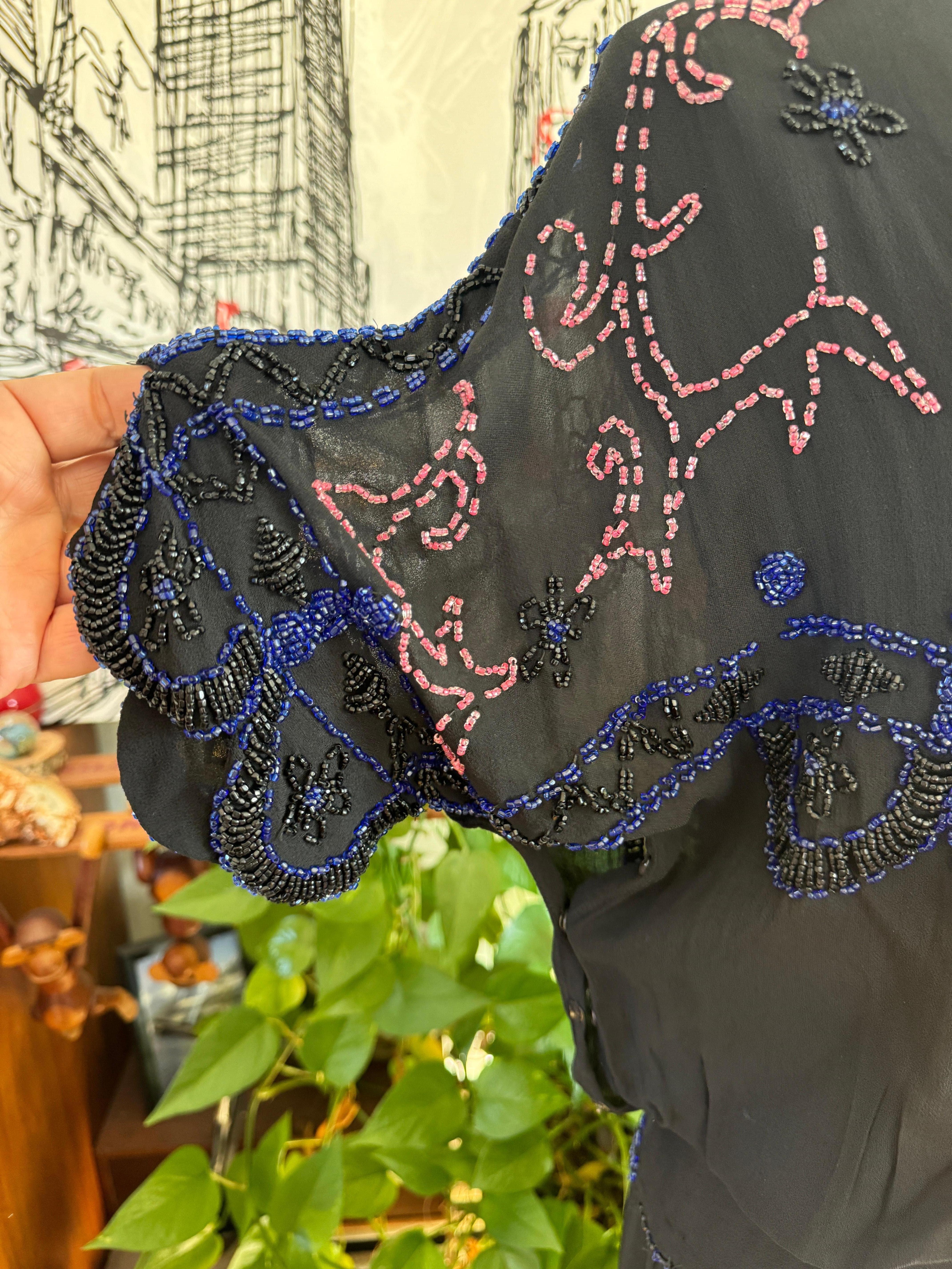 Silk  Flapper Black Beaded Drop Waist Dress 1920s For Sale 13