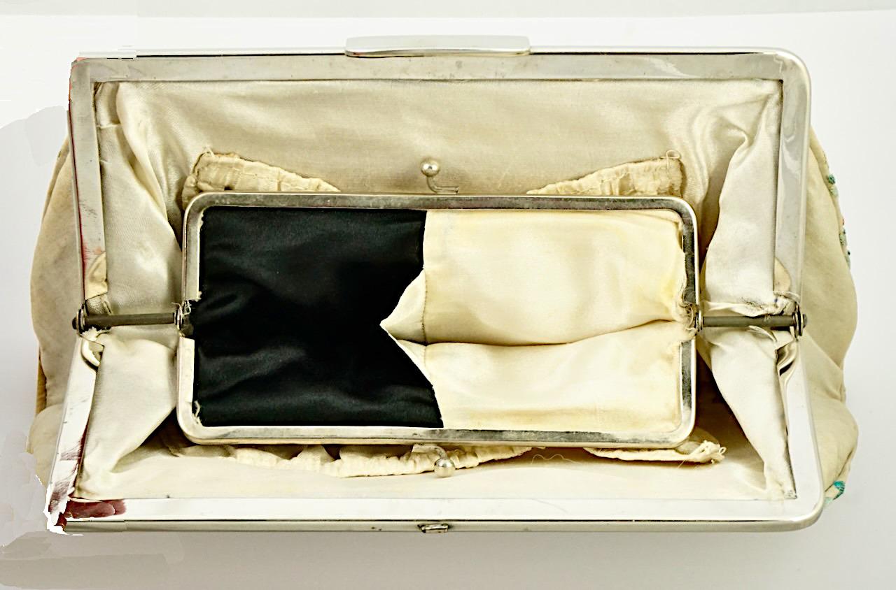 Women's or Men's Silk Floral Embroidered Clutch Bag with Silver Tone Fittings circa 1930s