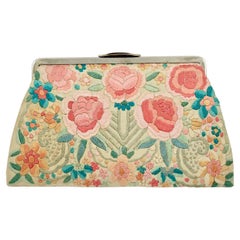 Silk Floral Embroidered Clutch Bag with Silver Tone Fittings circa 1930s