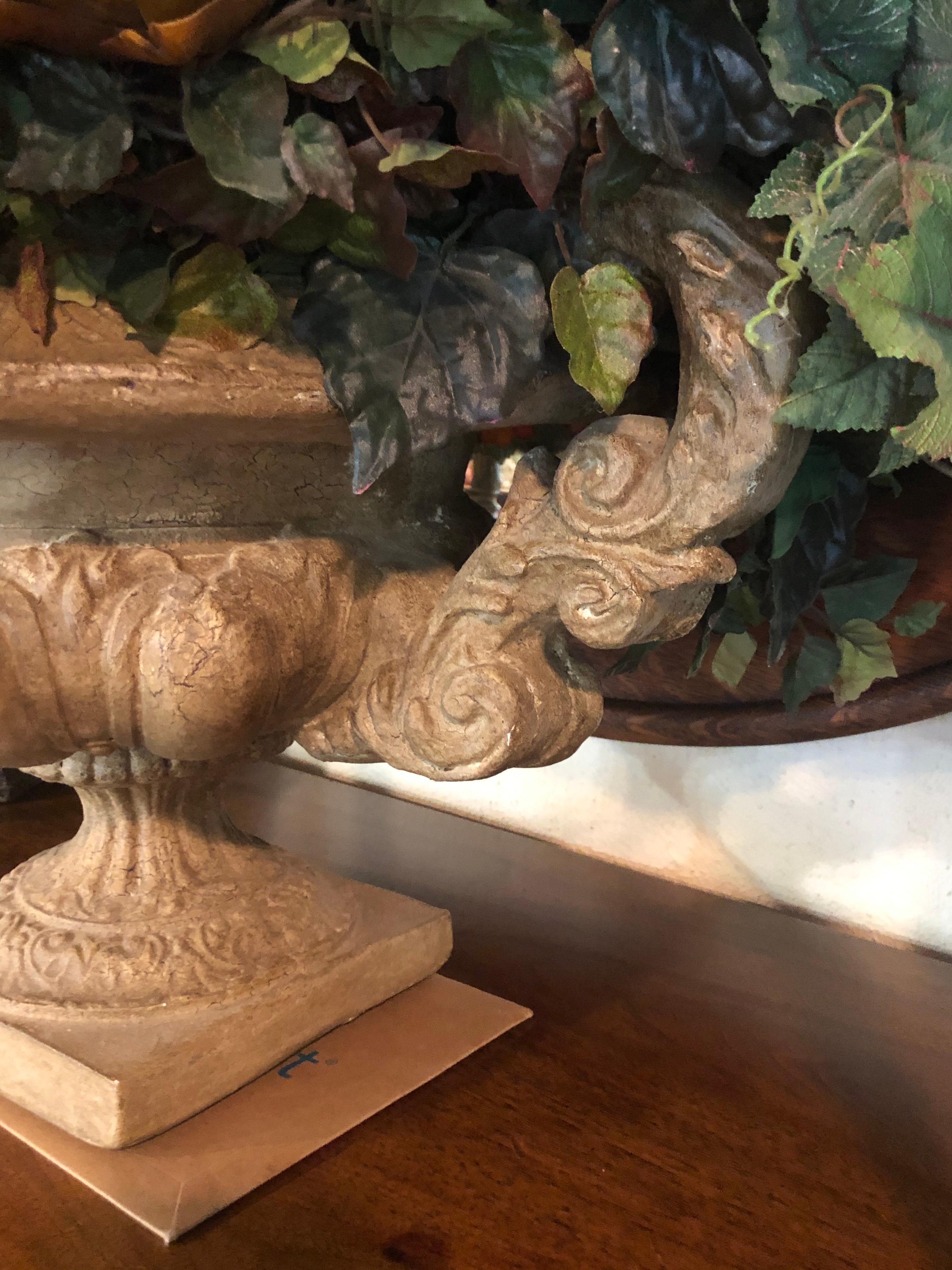 Large Silk Flower Centerpiece Arrangement in Stone Urn For Sale 5