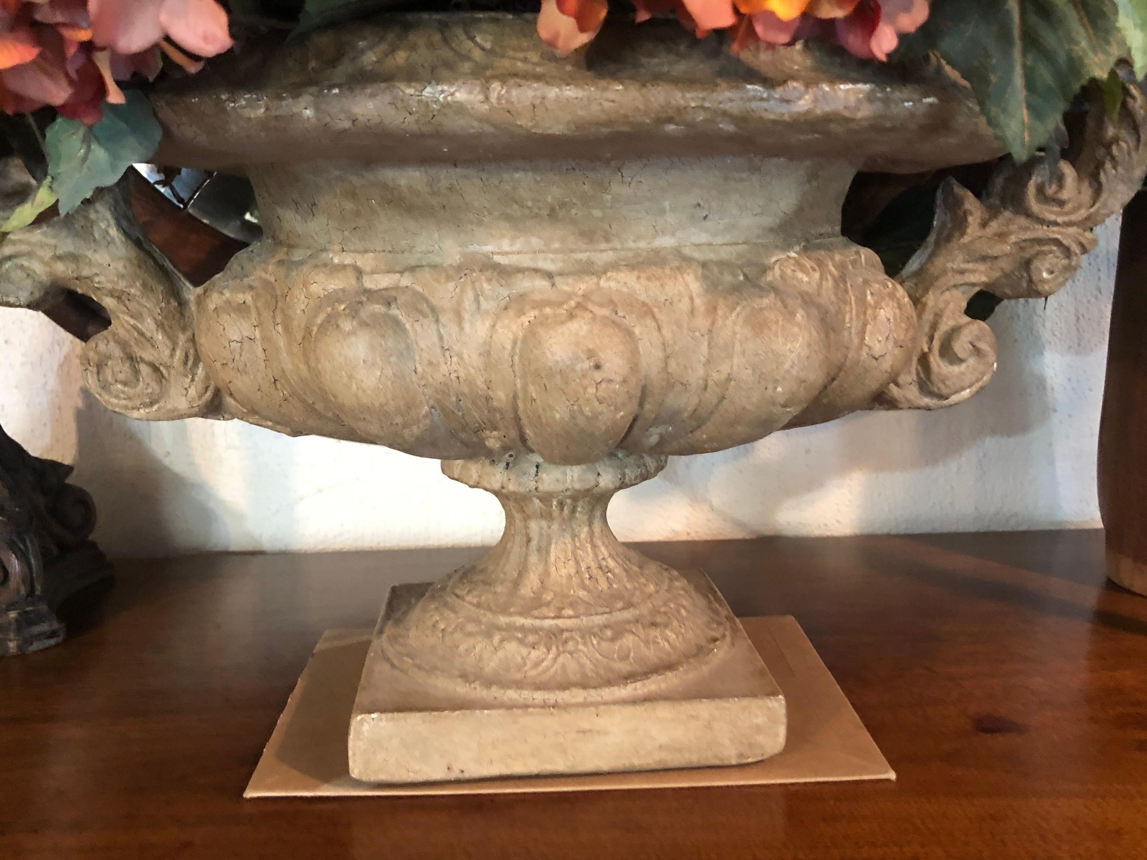 Large Silk Flower Centerpiece Arrangement in Stone Urn For Sale 7