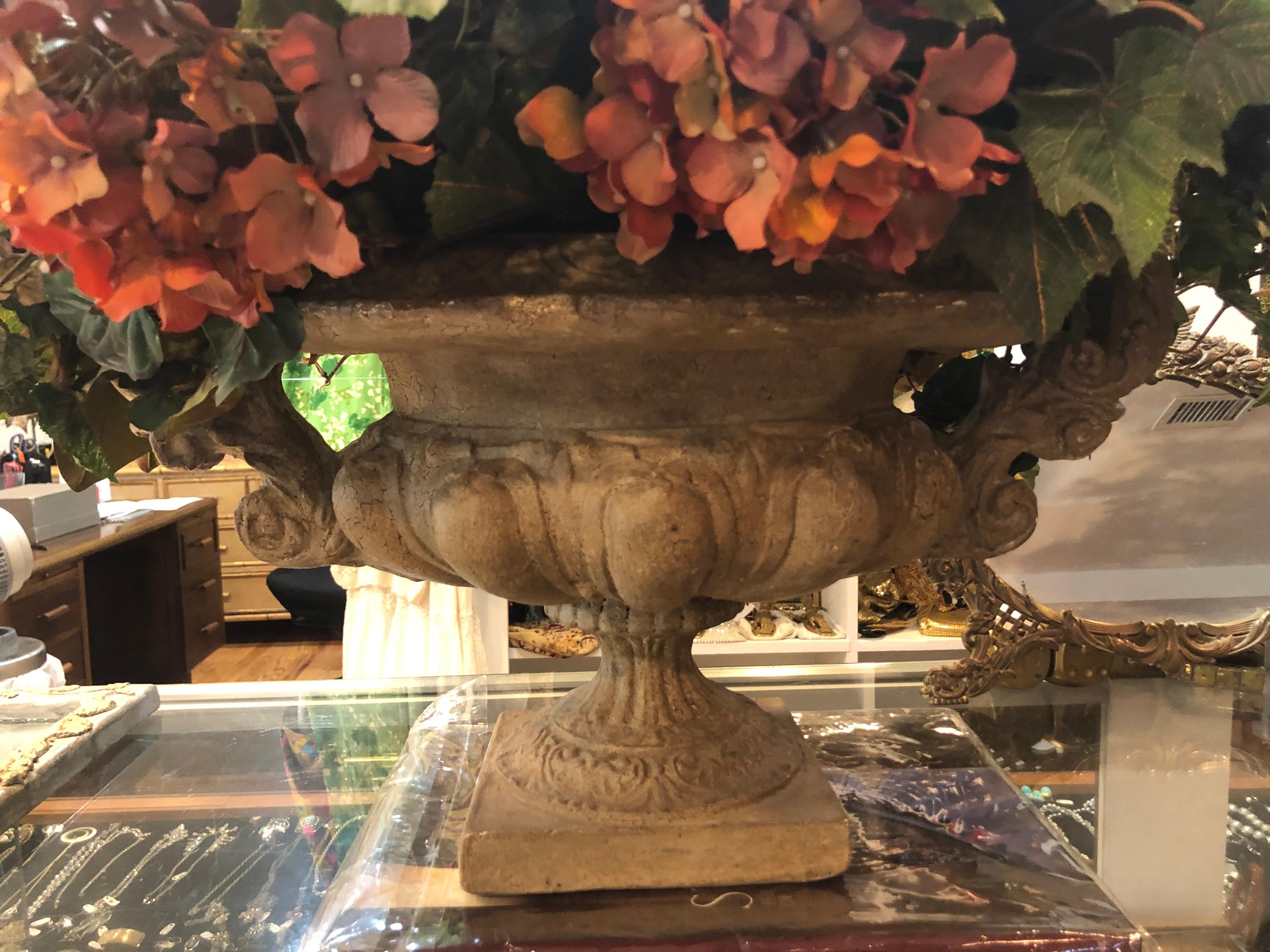 Late 20th Century Large Silk Flower Centerpiece Arrangement in Stone Urn For Sale