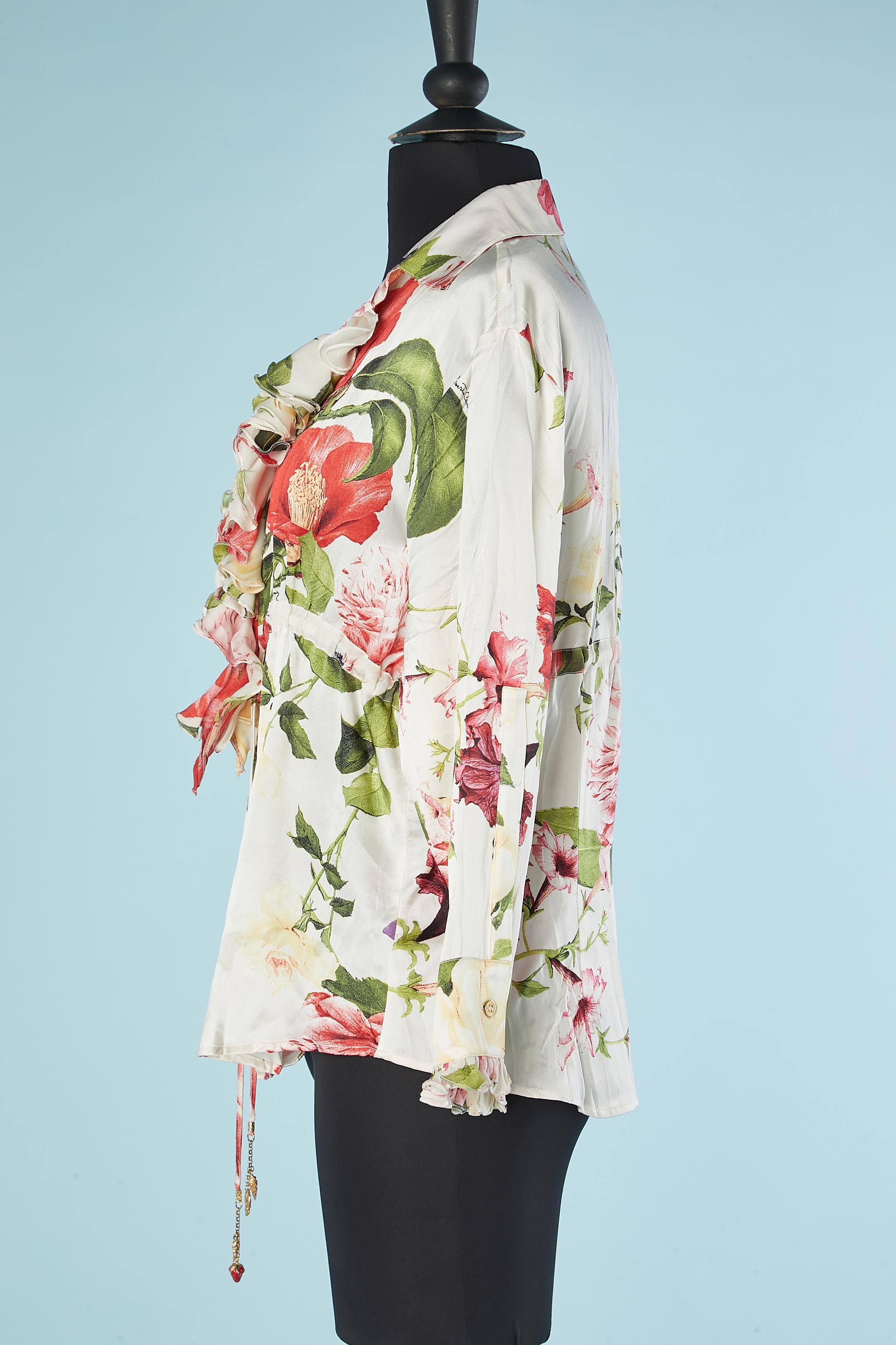 Women's Silk flower printed shirt with ruffles on the front and belt Roberto Cavalli  For Sale