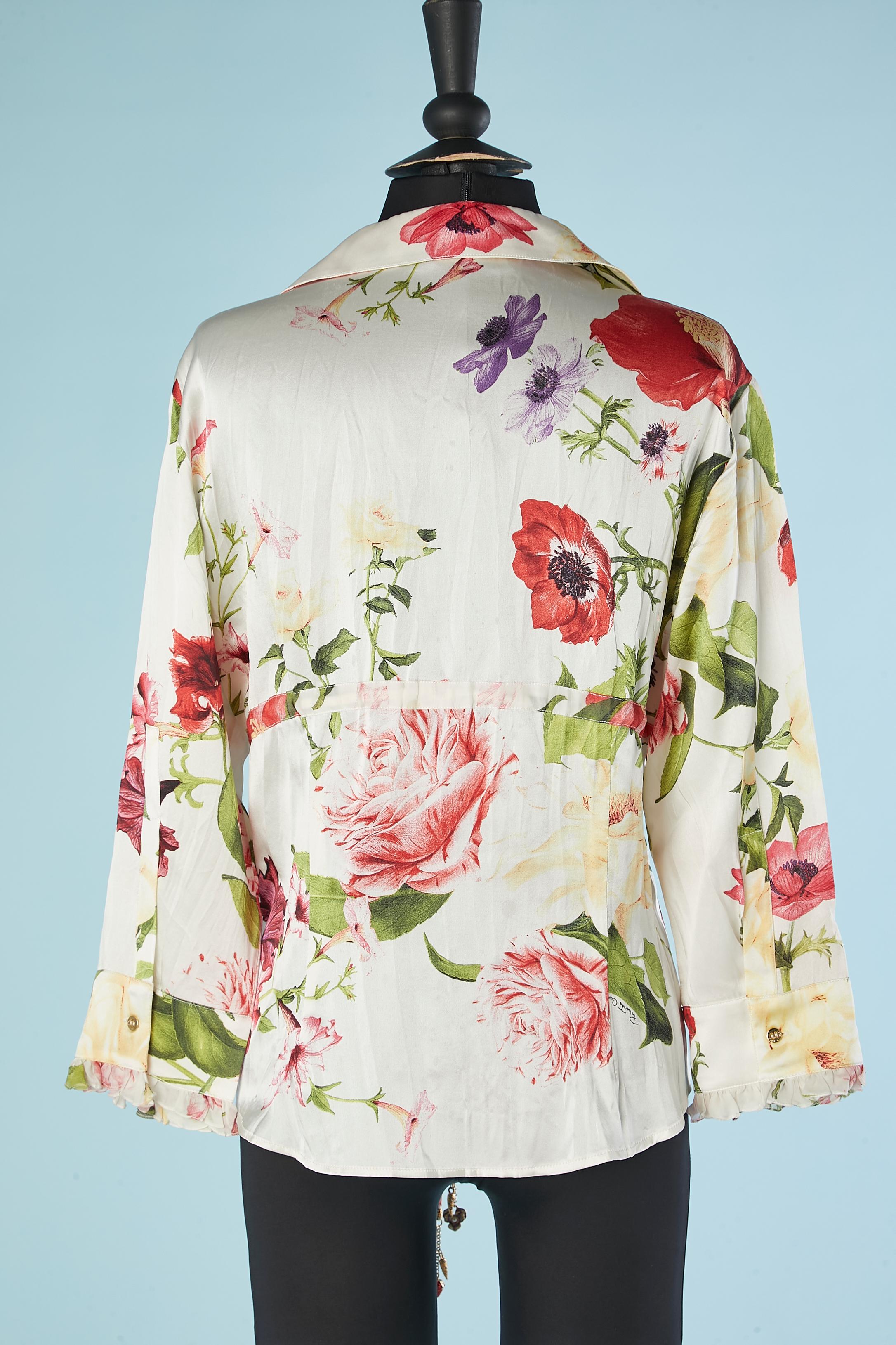 Silk flower printed shirt with ruffles on the front and belt Roberto Cavalli  For Sale 1