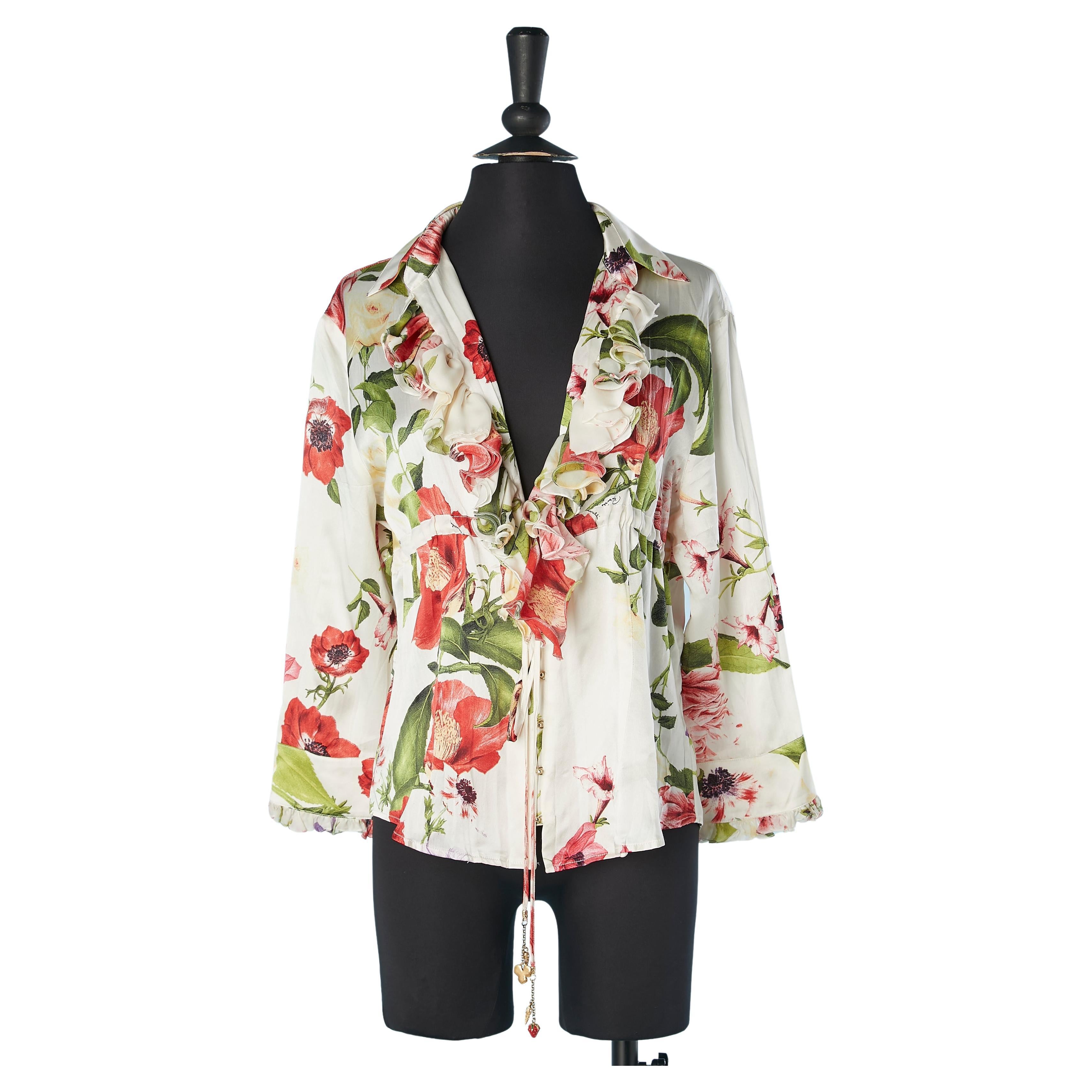 Silk flower printed shirt with ruffles on the front and belt Roberto Cavalli  For Sale