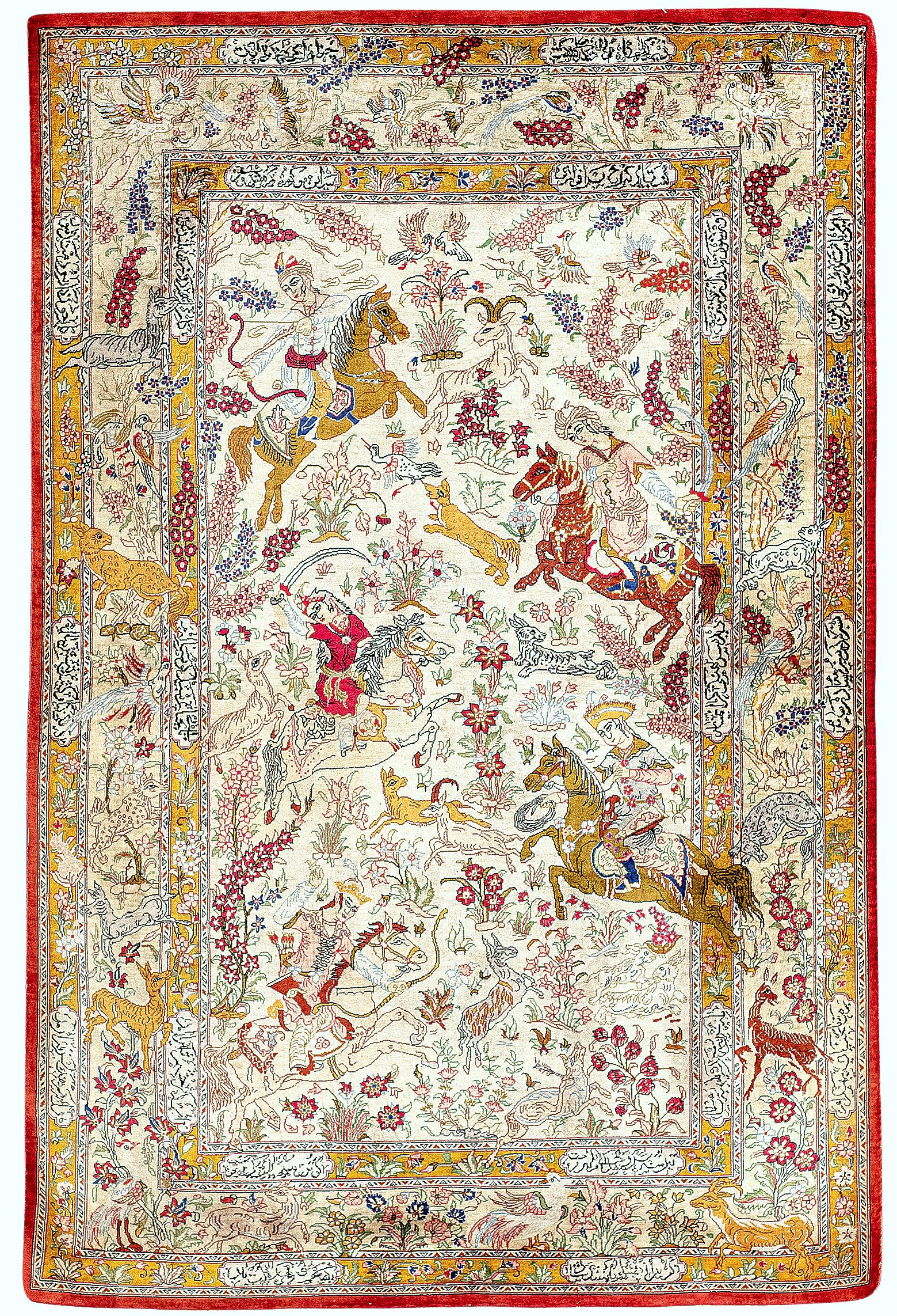 Ghom Silk– Northwest Persia

Splendid silk rug with hunting motifs with an exceptional level of artistic ability. Hunting-themed rugs are preferred for their rich detailing. This Ghom depicts rulers of Persia successfully hunting their prey. There