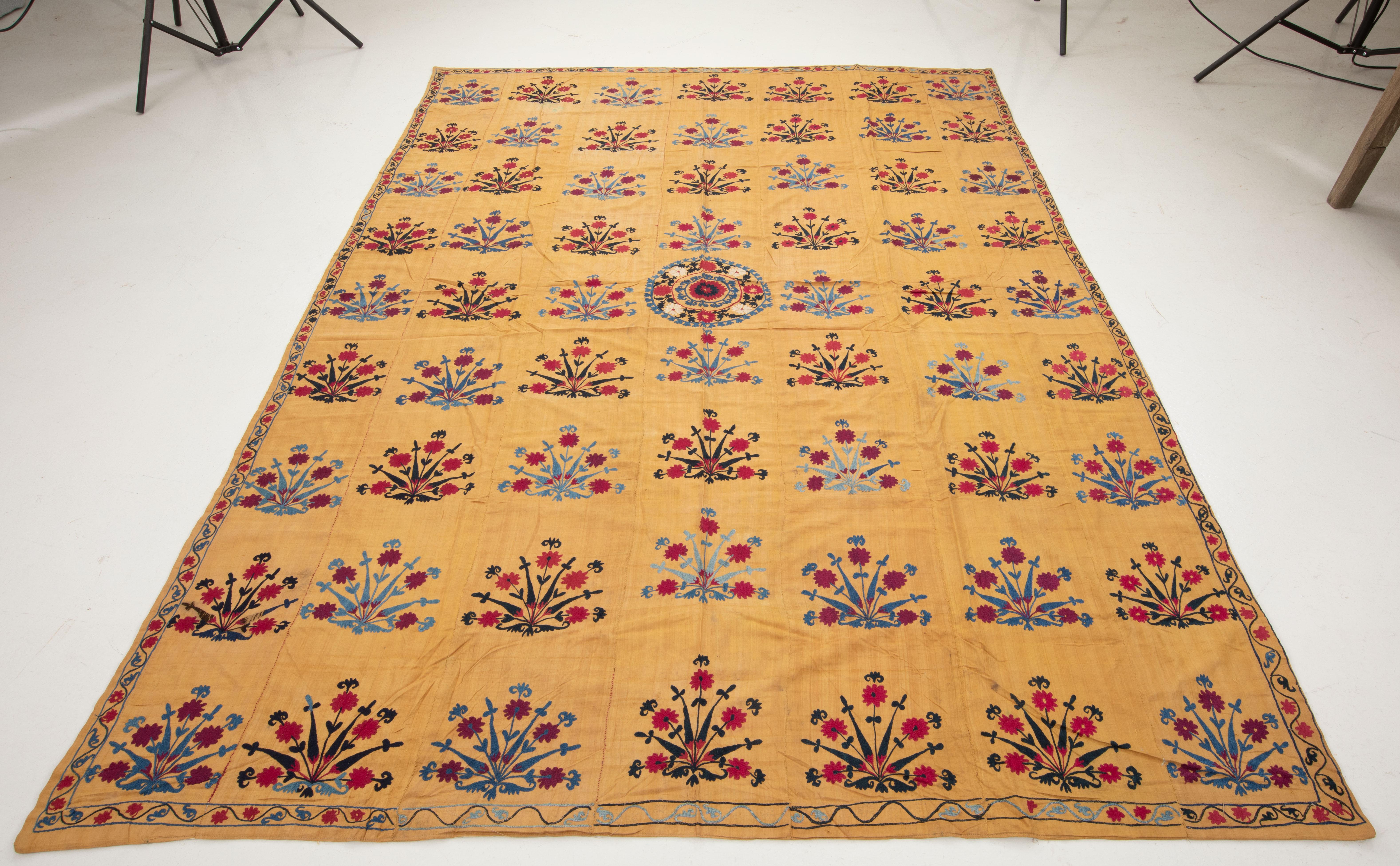 Embroidered Silk Ground Yellow Suzani from Uzbekistan, Late 19th 78, Early 20th C