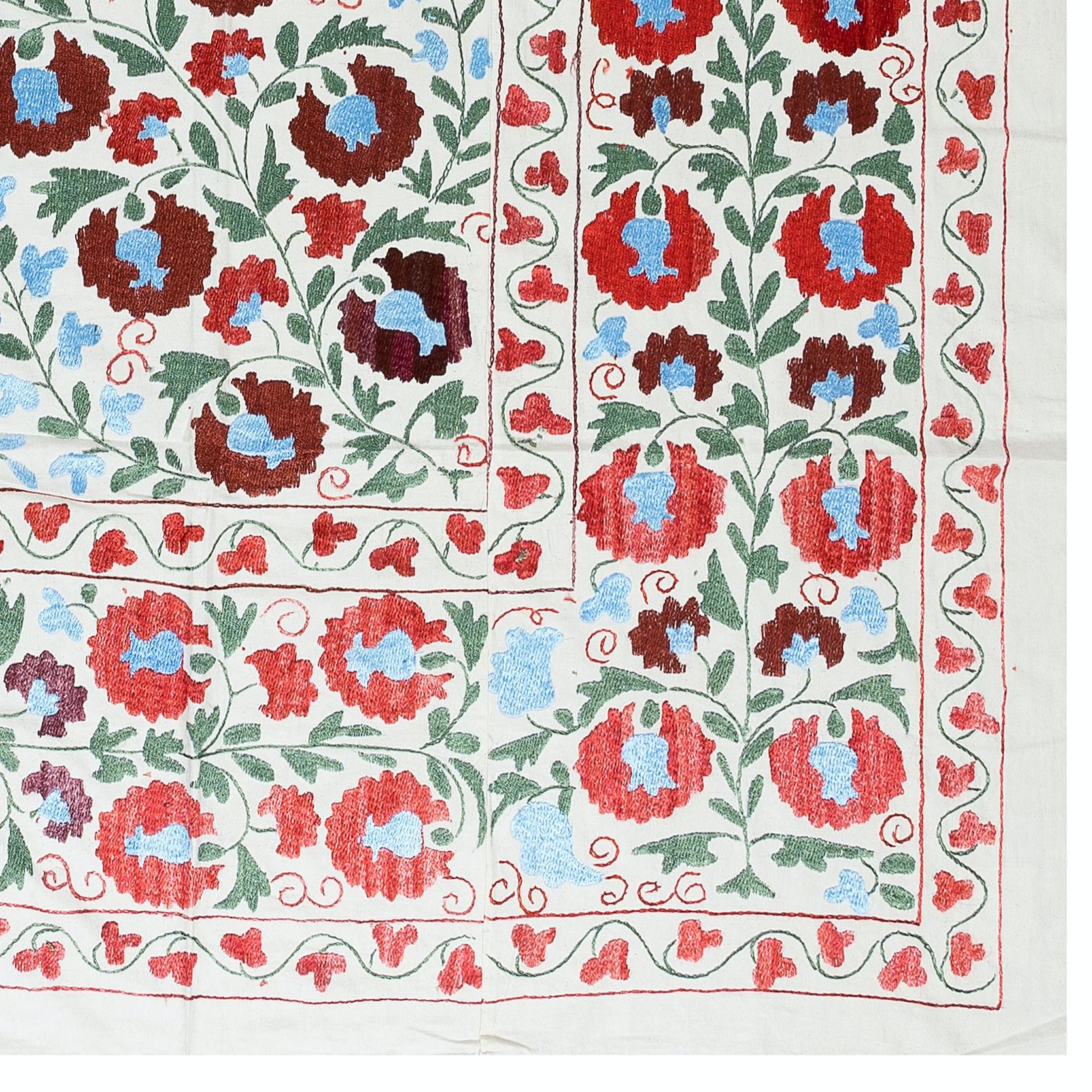 Contemporary 4.8x7 Ft Silk Hand Embroidered Suzani Bed Cover, New Uzbek Wall Hanging, Throw