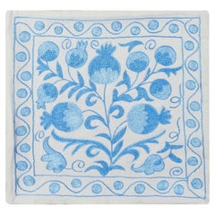 Silk Hand Embroidery Uzbek Suzani Cushion Cover in Cream and Light Blue
