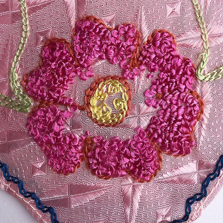 Mid-Century Modern Silk Hand Stitched Pink Floral Dinner Napkins or Hankies Set of 8